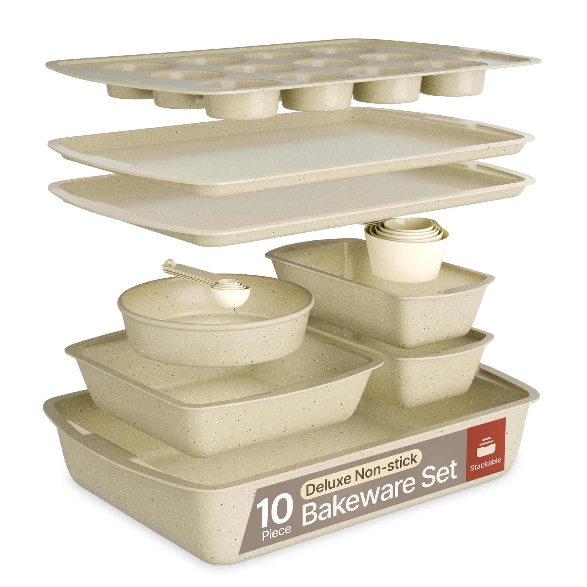White Marble 10-Piece Bakeware Sets, Nonstick Carbon Steel Baking Sheet & Pans, Stackable Space-Saving Bakeware, Dishwasher Safe, Stain-resistant, PFOAPFOSPTFE Free, Oven Safe Up To 450°F (230°C)