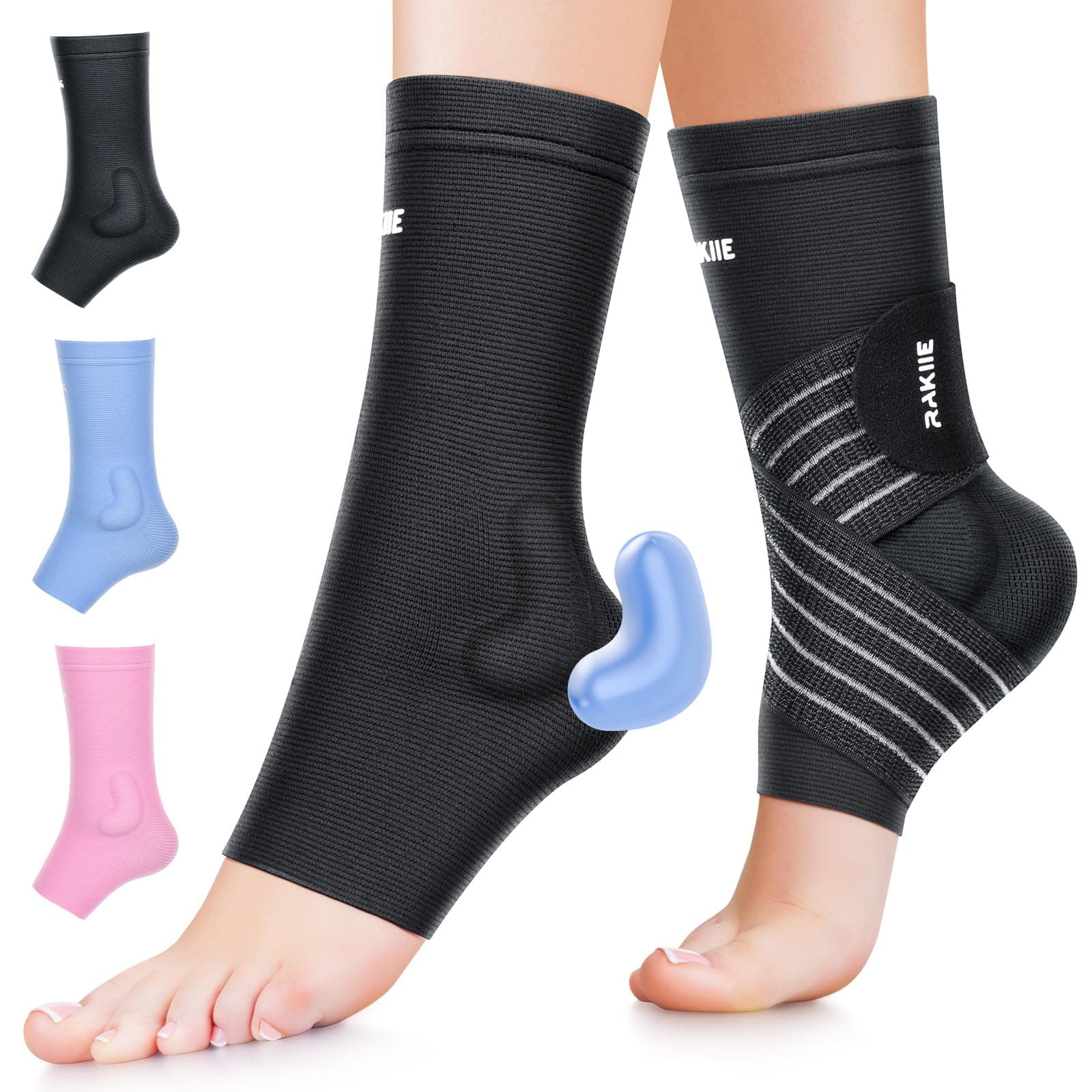 Rakiie 2 Pack Ankle Brace for Sprained Ankle, Compression Socks for Plantar Fasciitis with 2 Straps & Silicone Pad, Women & Men Ankle Support Sleeve for Arthritis, Running, Black S