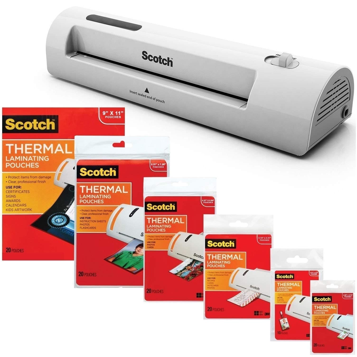 Scotch TL901 Thermal Laminator 2 Roller System with 110 Assorted Pouch Sizes and Bonus US Office Supply Luggage Tags