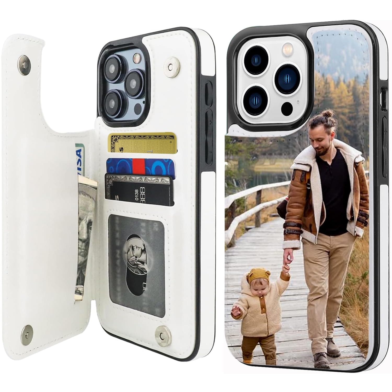 Custom Phone Case for iPhone 11 12 13 14 15 16 17 Pro Max Wallet Case with Card Holder, Personalized Picture PU Leather Double Magnetic Buttons Flip Case White