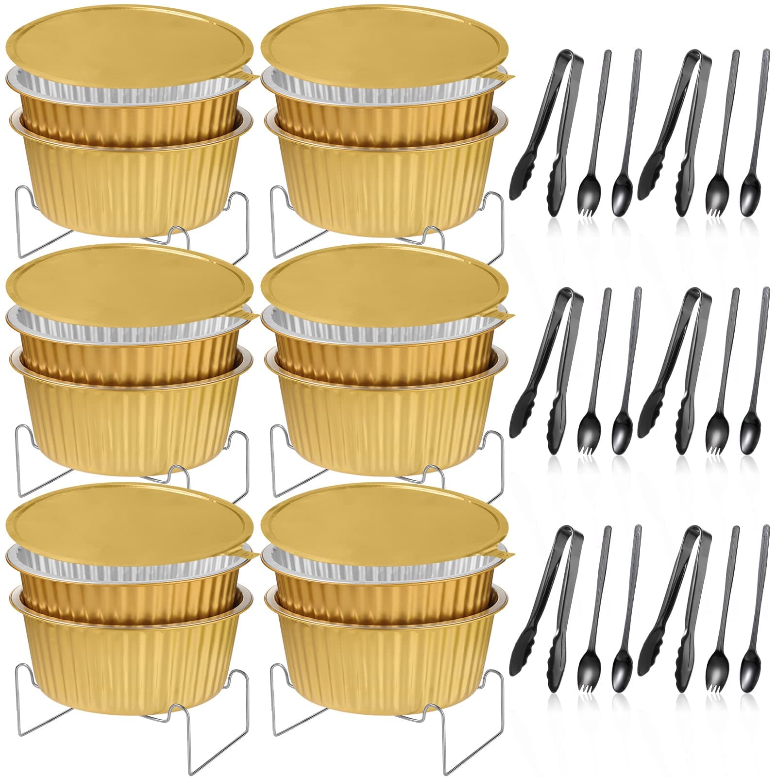 Meanplan 6 Set Disposable Chafing Dishes Set, Chafer Pans with Wire Racks – Gold Buffet Food Warmer for Wedding, Party, Catering, BBQ, Includes Utensils and Buffet Stand