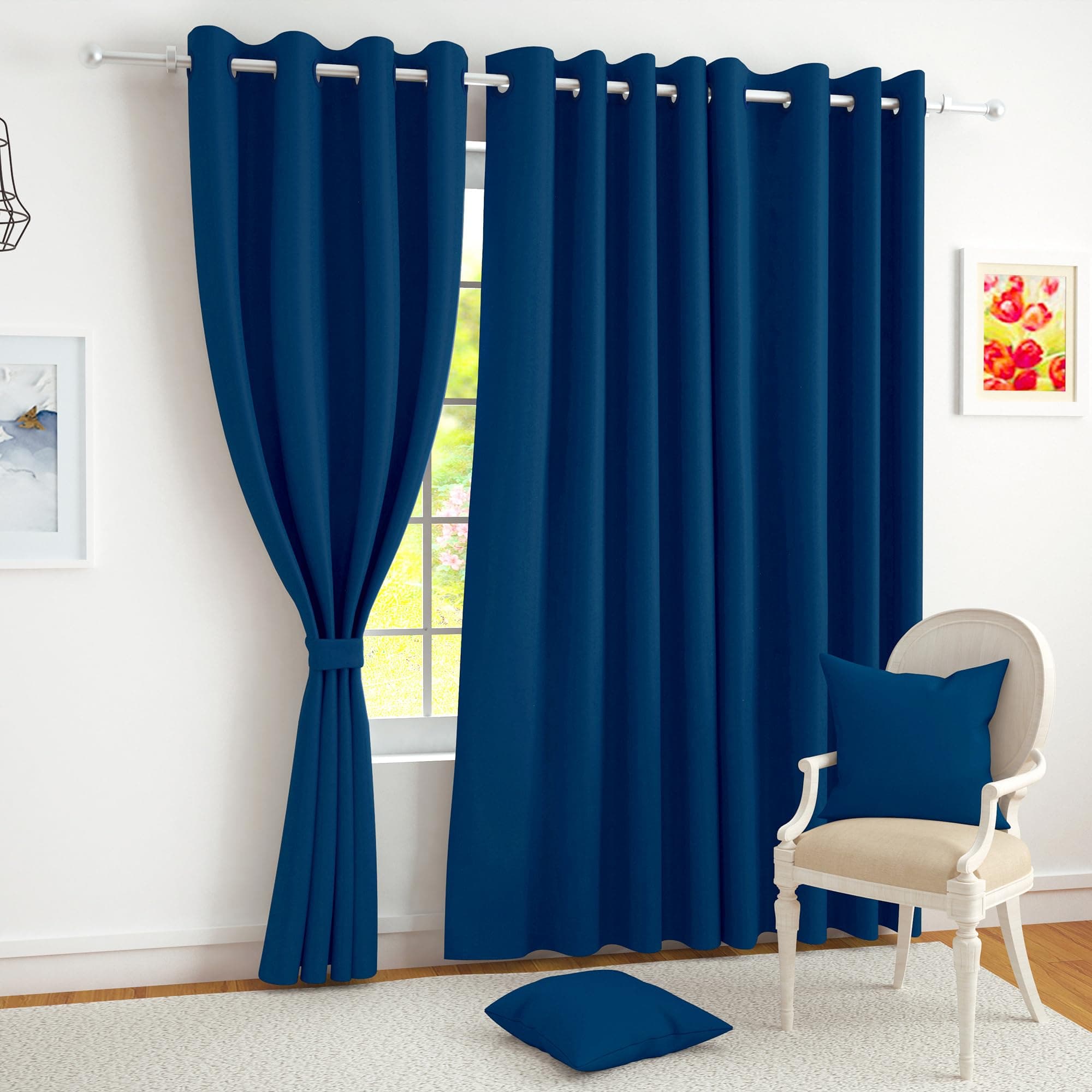 Story@Home215 CM Premium Faux Silk Solid Pattern 100% Blackout Grommet Door Curtain, Navy Blue, Pack Of 4
