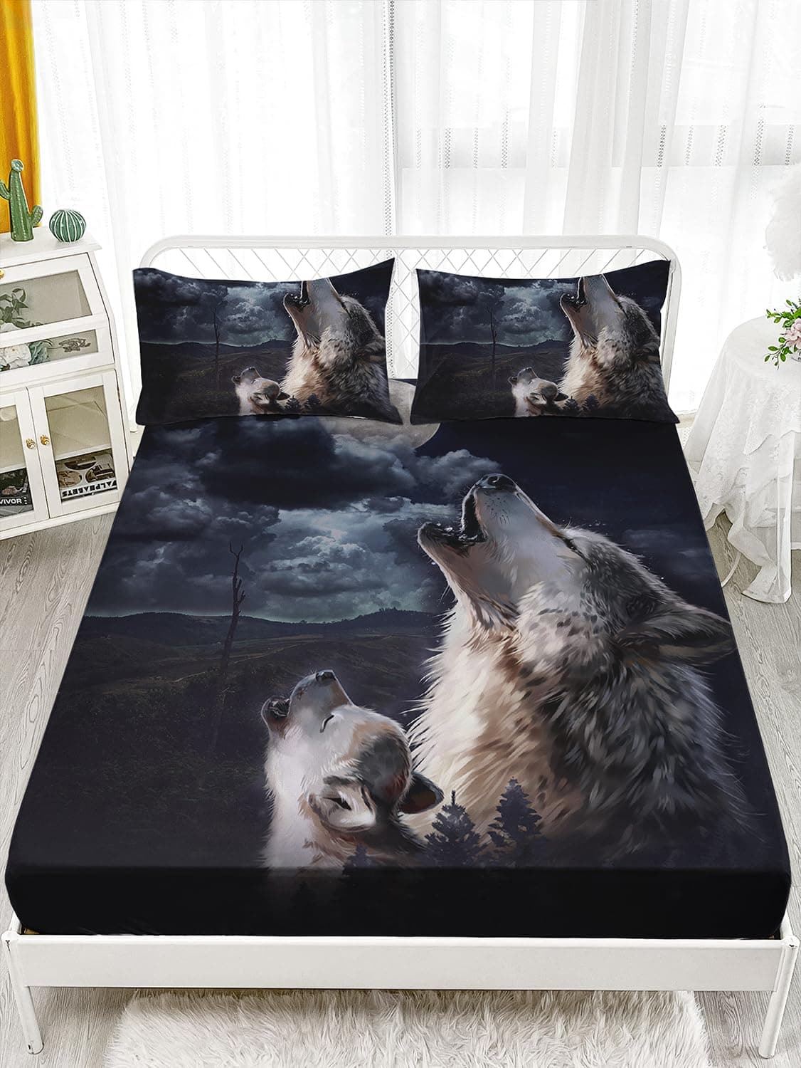 AILONEN Wolf Fitted Sheet Queen Size- Evening Wolves Father and Son Howling Sheets for Boys Girls Adults- Outdoors Wild Animals Breathable Bedding Set 3 Pieces Set, 1 Fitted Sheet and 2 Pillowcases