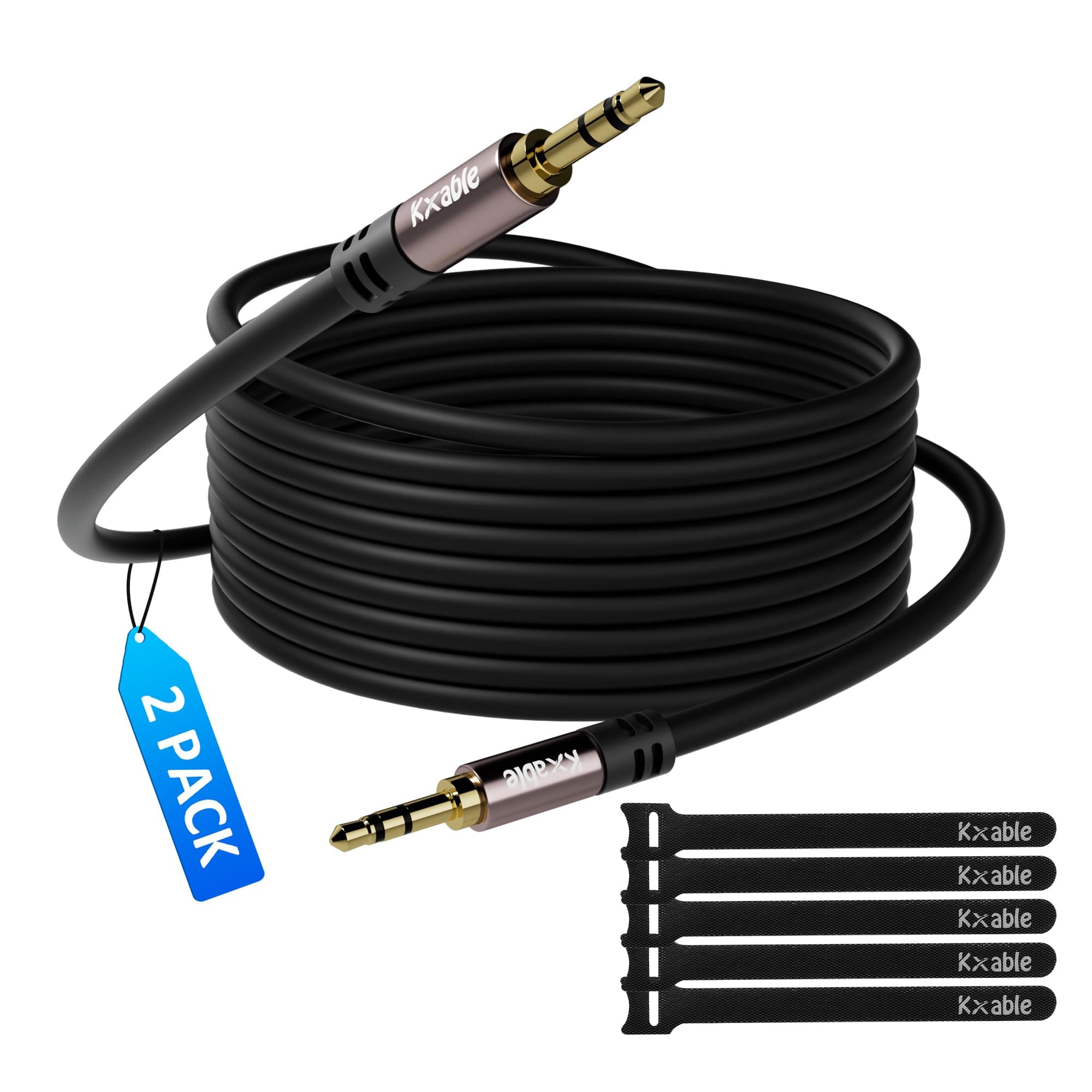 3.5mm Auxiliary Audio Stereo Cable 8 Feet (2 Pack), Male to Male Aux Cord, Gold Plated Connectors, OFC Core, Black Cable (with 5 pcs Cable Ties)