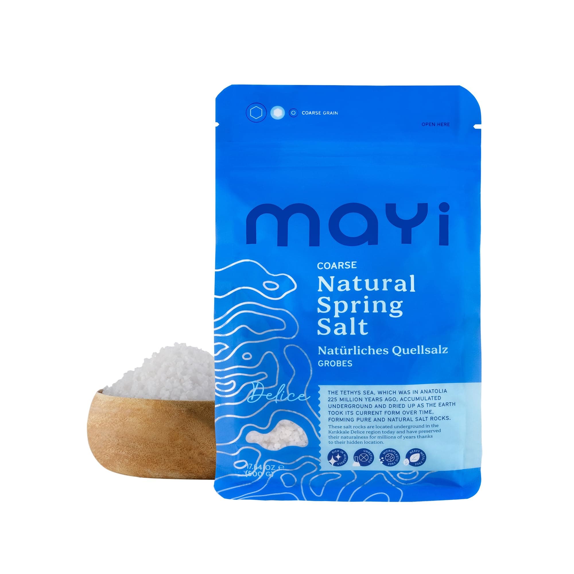 MAYİ Ancient Natural Spring Coarse Salt 1.1 lb - Hand-Harvested, Kosher, Microplastic-Free, Mineral-Rich, Diamond Crystal, Unrefined Salt for Electrolyte Drinks, Cooking, Canning, Low Sodium
