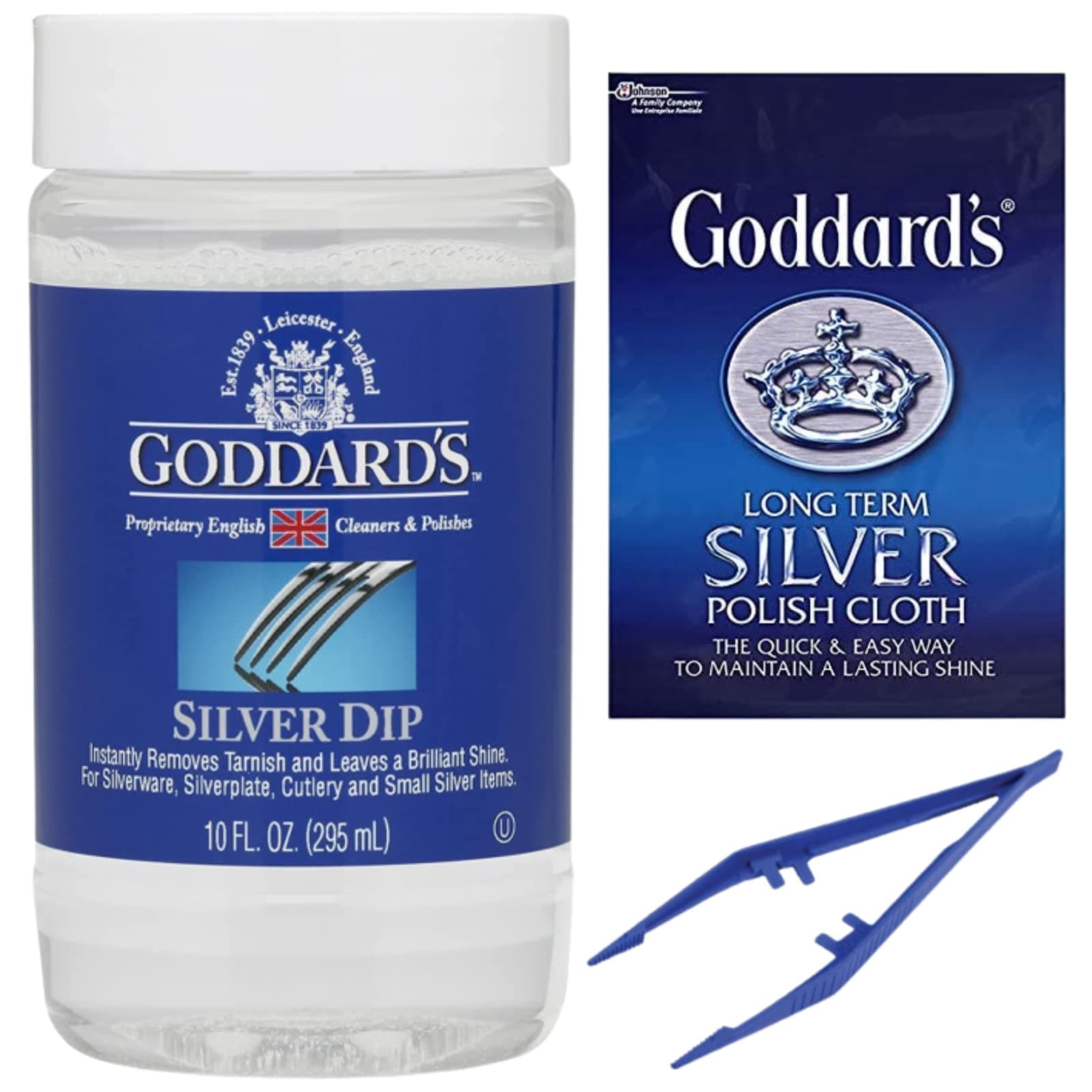 Silver Dip Cleaner Polishing Bundle with Silver Dip 295ml, 1x Long Term Silver Polish Cloth, CHG Tweezers - Tarnish Remover Jewellery Cleaning Bath to Restore Shine Clean Silverware