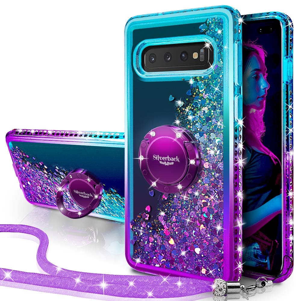 Silverback for Samsung Galaxy S10 Plus Case, Moving Liquid Holographic Glitter Case with Ring Stand, Girls Women Bling Diamond Slim Protective Case for Galaxy S10 - Purple