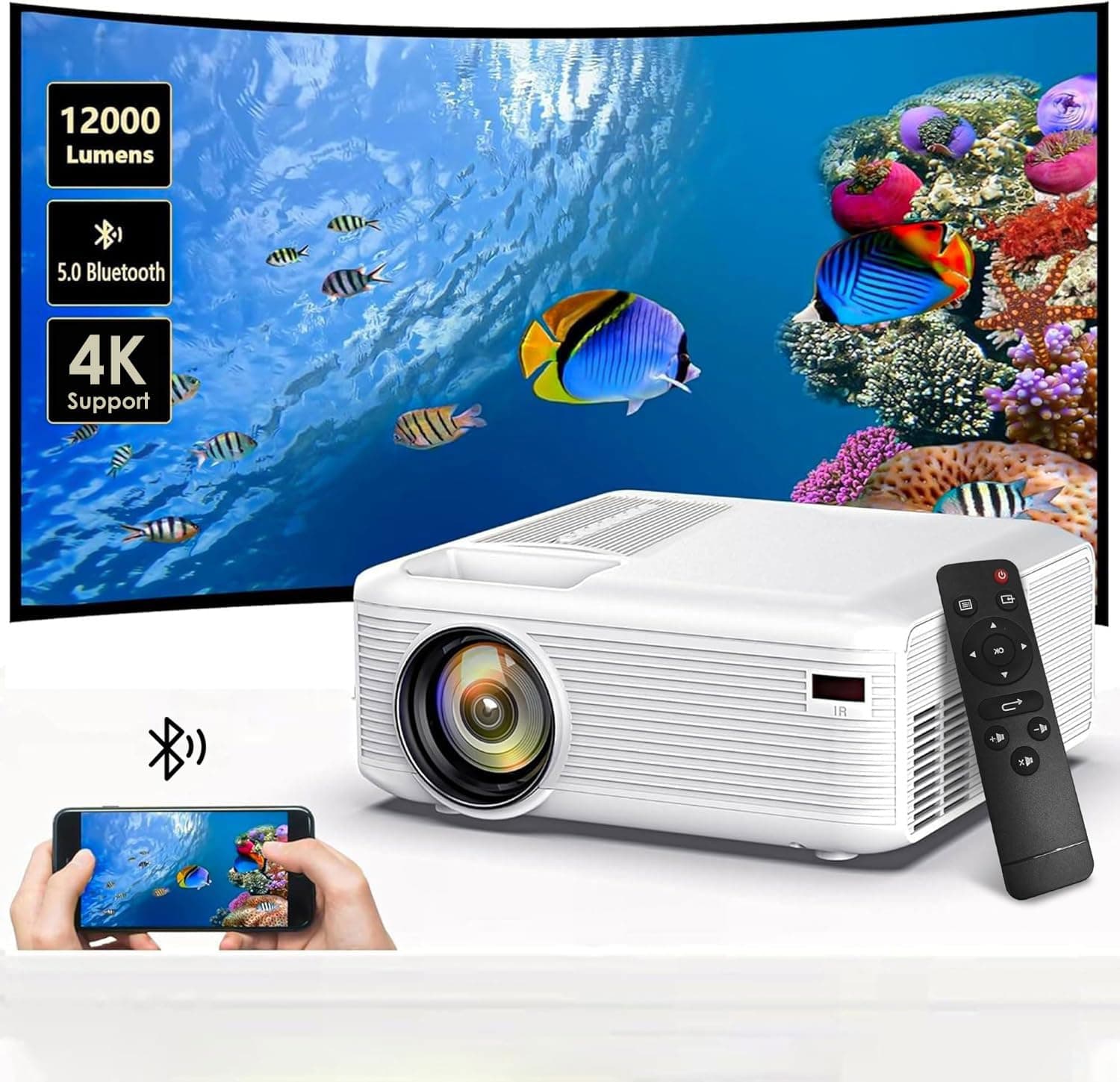 Mini Projector | 4K Support 200" Giant Screen | 500 ANSI Lumens, Bluetooth 5.2 | Portable Outdoor Movie Projector Compatible with TV Stick/Phone/HDMI/PC | Built-in HiFi Speaker | indoor (Matte white)