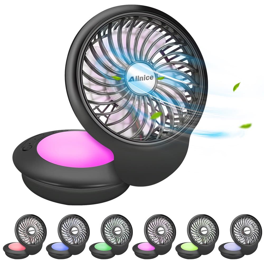 Allnice Mini USB Fan Desk Fan USB Powered Desktop Fan 360° Rotation 3 Speeds Table Fan Quiet Personal Fan with 7 Colors Night Light for Home Office Travel Bedroom (Black)