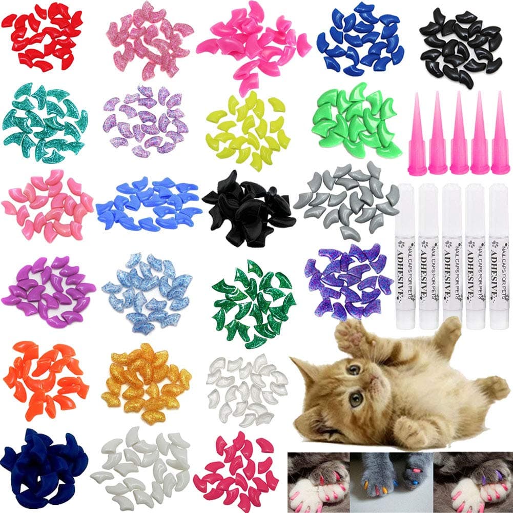 Cat Nail Caps, 100pcs Medium Size 5 Colors with Glue and Applicators, Safe and Non-toxic, Prevents Scratching Furniture and People, Protects Cats' Claws, Helps Avoid Scratch Diseases