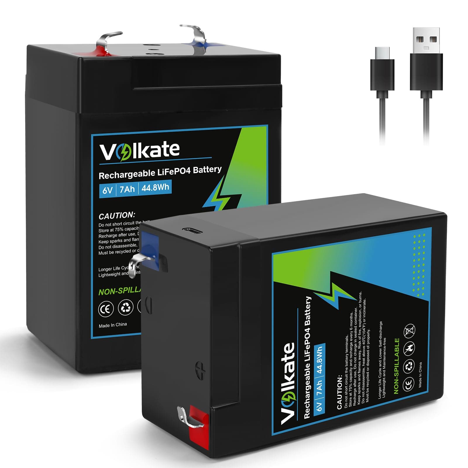 6V 7Ah LiFePO4 Lithium Battery 2 Pack, 6 Volt USB-C Rechargeable Lithium Iron Phosphate Battery, 2000+ Cycles, for Lantern, Emergency Light, Deer Game Feeder, Alarm System (F1 Terminal)