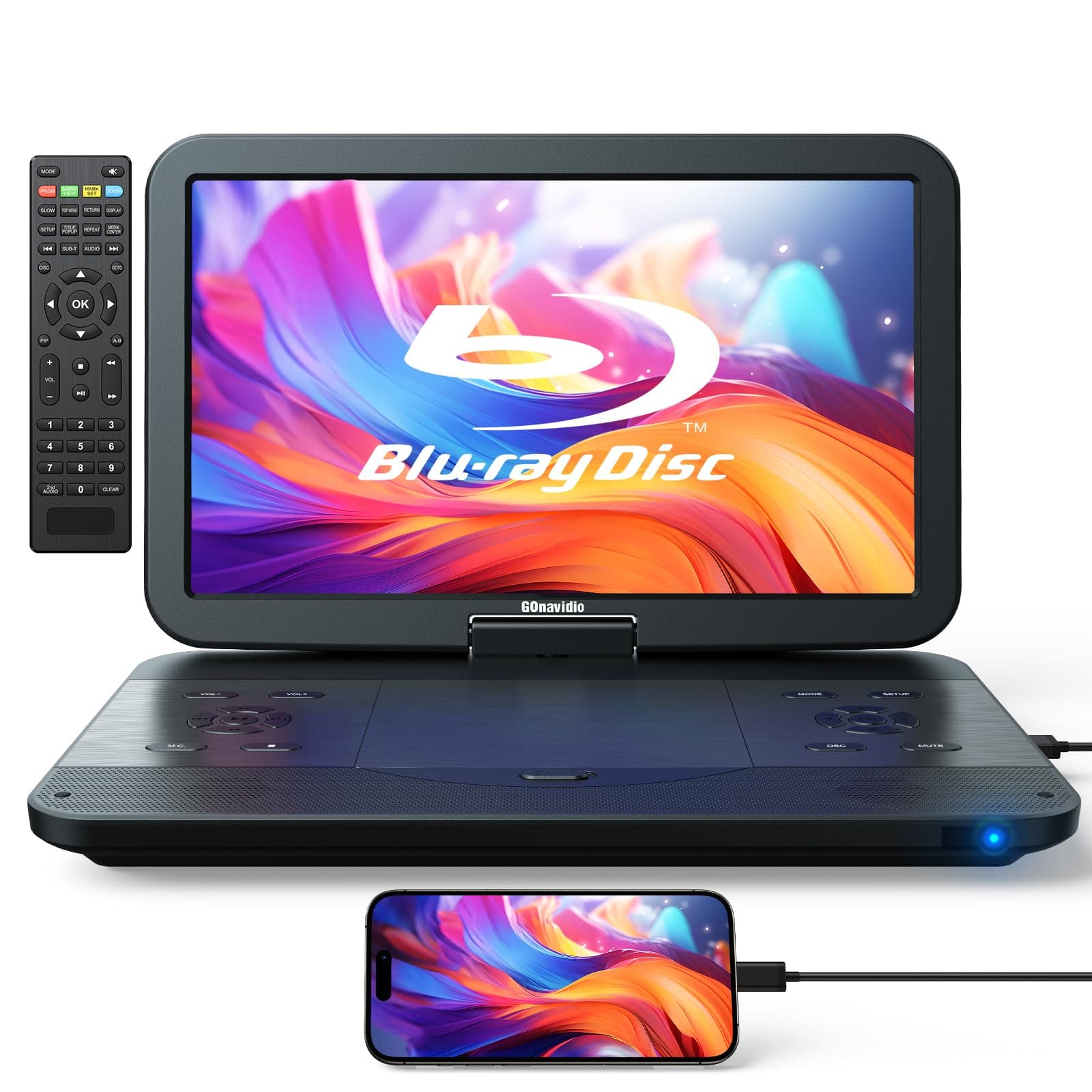 GOnavidio 17.6" Portable Blu Ray DVD Player with 15.4" Large Screen, HDMI in/Out, Sync Screen, 4000mAh Rechargeable Battery, 1080P MP4 MKV Video, Surround Audio, USB/TF Card(Include HDMI Cable)