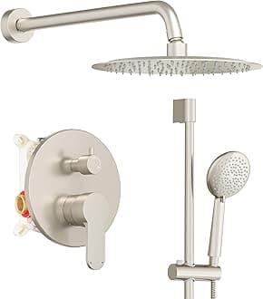 Gabrylly Shower System Brushed Nickel, Slide Bar Shower Faucet Set with High Pressure 10" Rain Head and 5-Setting Handheld Spray, 2 Way Pressure Balance Valve Trim Kit