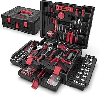 Home Tool Kit with Drawer - 379-PCs Portable Complete Household and Auto Repair Tool Set - Hand General Basic Tool Box Storage Case - Full Basic Toolkit for Handyman & Diyer & Homeowner Red