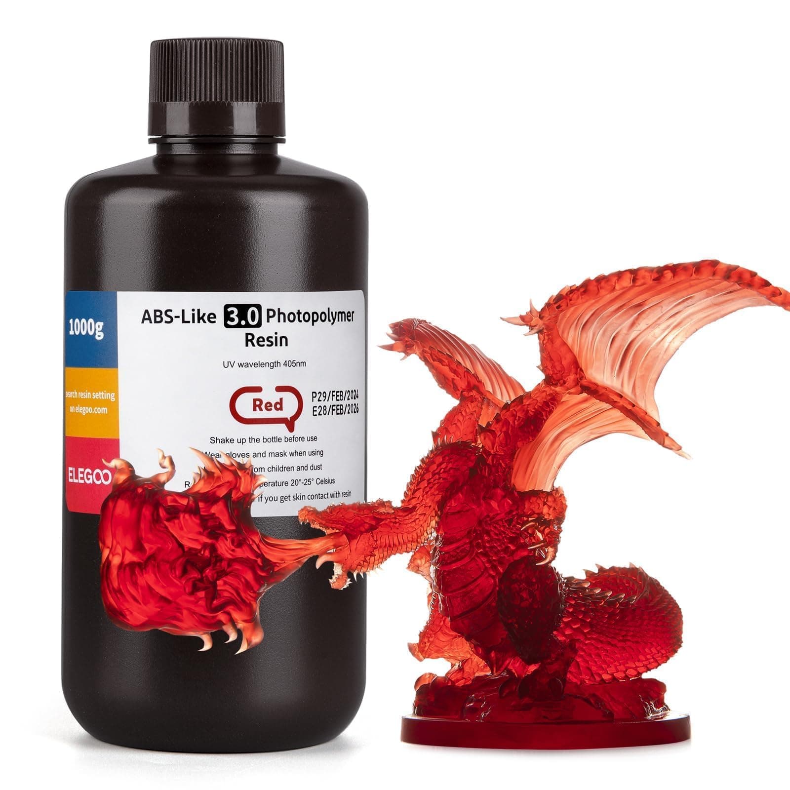 ELEGOO ABS-Like 3D Printer Resin 3.0, 405nm UV-Curing Photopolymer Resin for Mars Saturn Jupiter MSLA DLP LCD 3D Printing with Strength and Toughness, High Precision, Low Viscosity, Clear Red 1000g