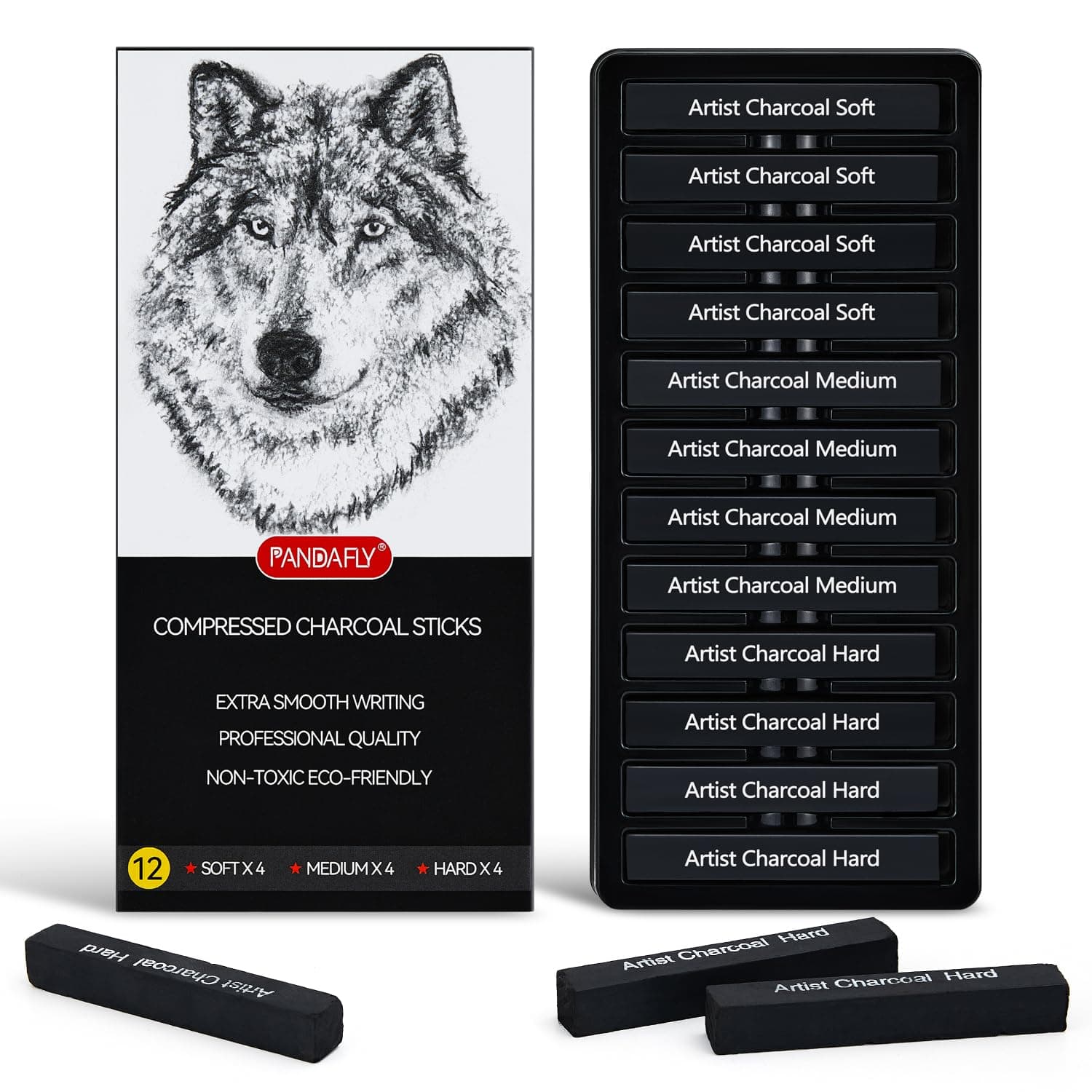 Compressed Charcoal Sticks, 12 Pieces (Soft, Medium, Hard) Square Vine Charcoal Sticks for Drawing, Sketching, Shading, Charcoal Drawing Set for Beginners & Pro Artists