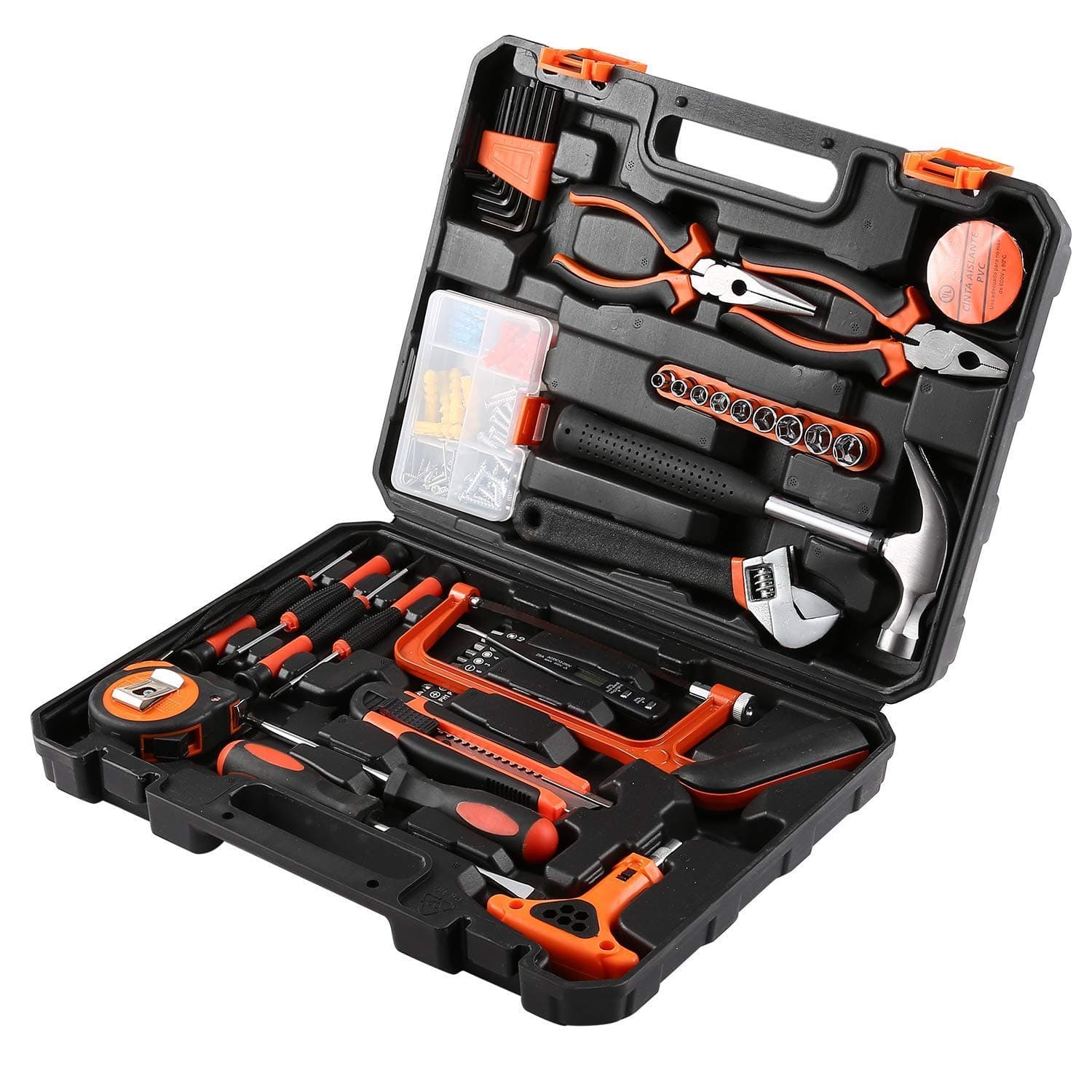 Device 82 Pcs DIY Household Hand Tool Box with Screwdrivers Pliers Wrenches Hammer Saw Tool Kit Home Tool Set for Home Office Shed Garage Bike Car Electronics Test Repair Maintenance