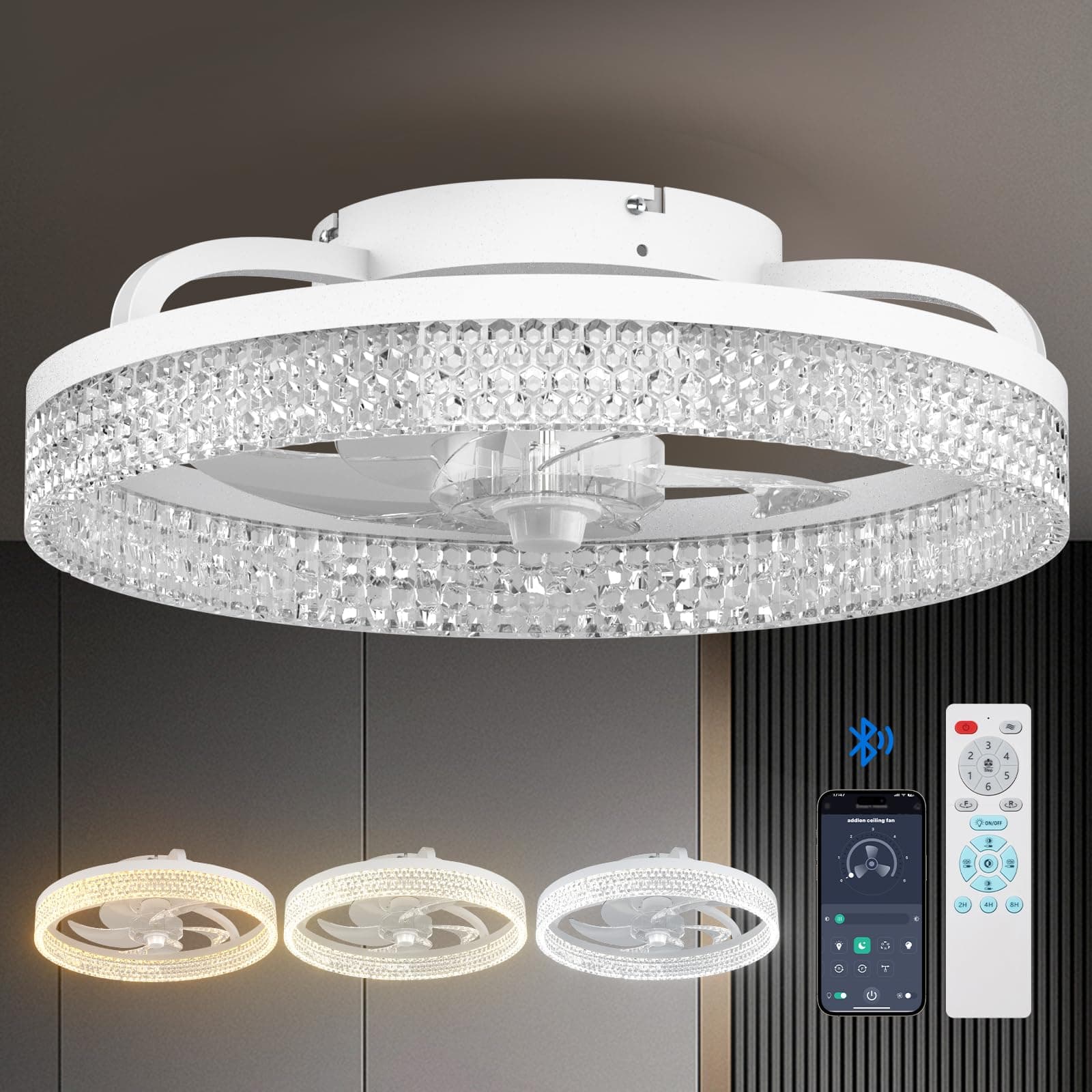 addlon Modern Ceiling Fans with Lights and Remote, Flush Mount, 20 Inch Bladeless Ceiling Fan with Light, Low Profile Ceiling Fan, Reversible, 3CCT, Dimmable, Quiet, Ceiling Fans for Bedroom, White