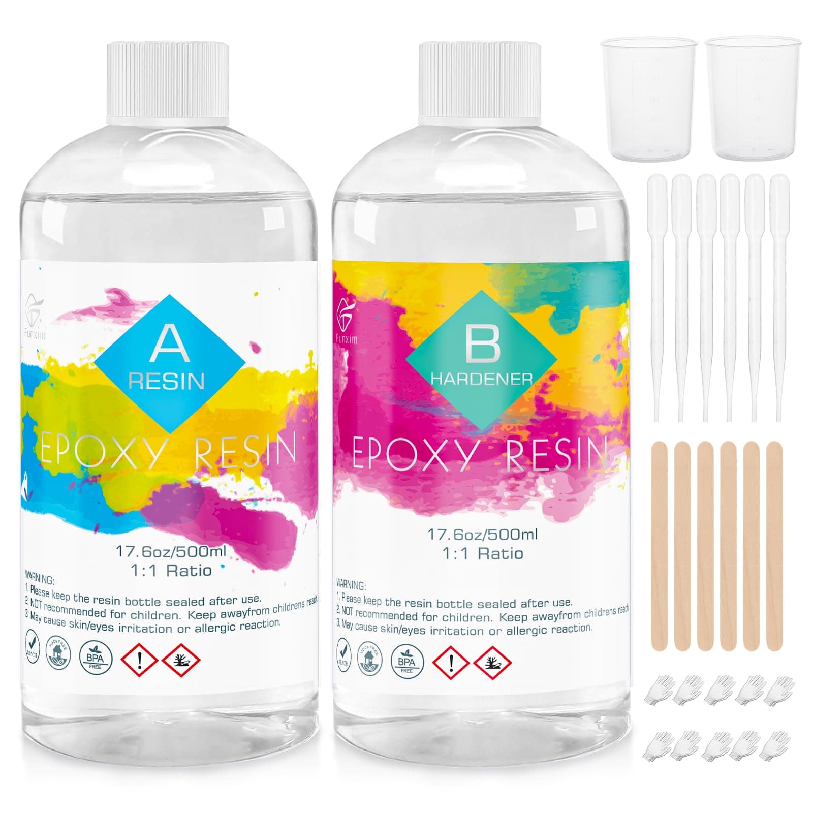 Funxim Crystal Clear Epoxy Resin Kit 1L - Self Leveling & Bubble Free Casting Resin and Hardener, Complete Starter Resin Kit with Tools for Jewelry, Art, DIY Crafts, Wood Coating