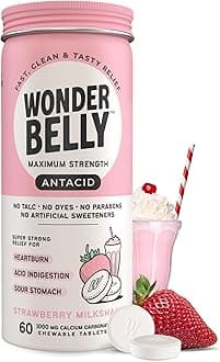 Wonderbelly Antacid, Effective Heartburn and Instant Acid Indigestion Relief, Extra Strength Chewable Tablets, 1000 mg Calcium Carbonate, No Talc or Dye, Strawberry Milkshake, 60 Count