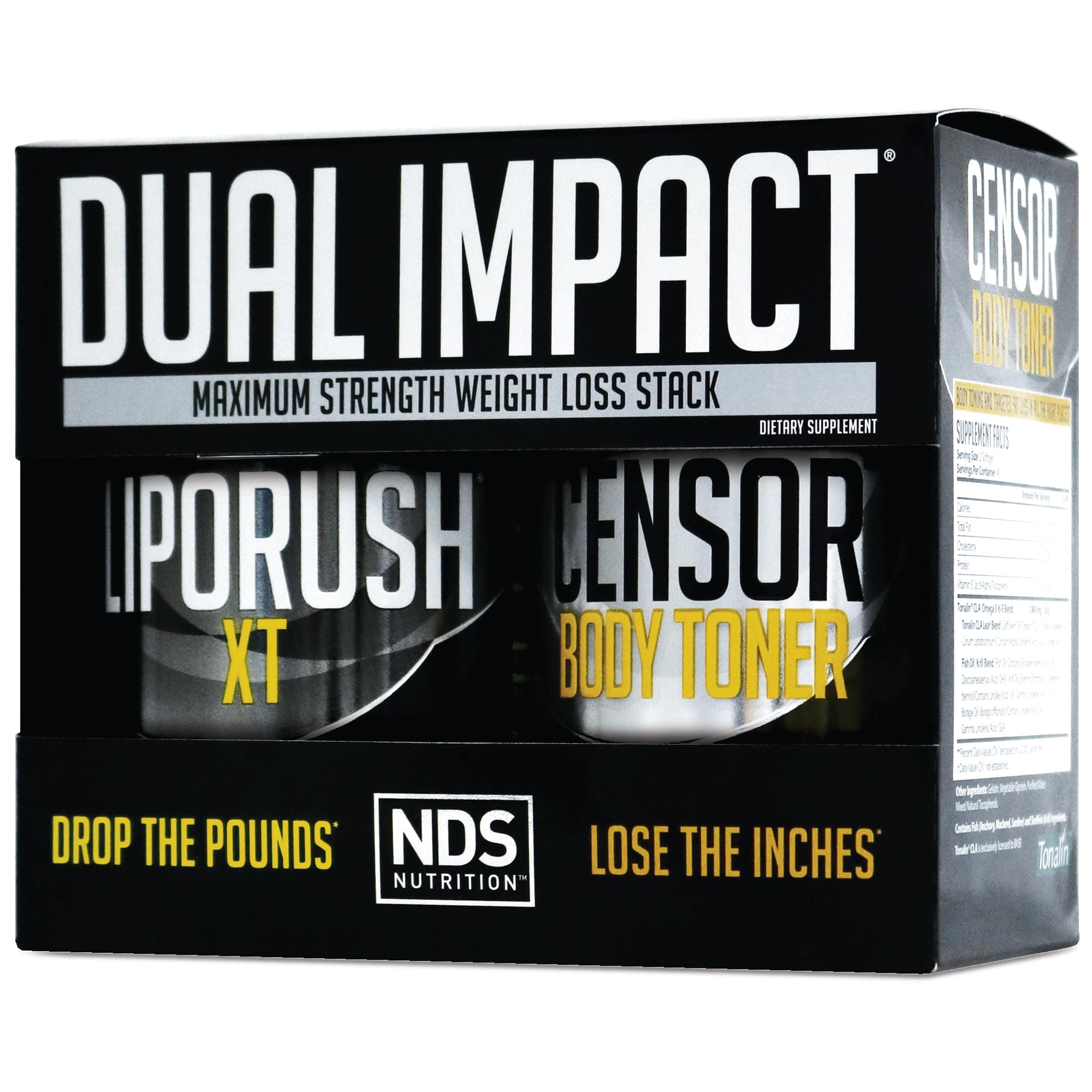 NDS Nutrition Maximum Strength Dual Impact Stack - Powerful 2-in-1 Weight Loss Kit Combines High Energy Fat-Burning XT Thermogenic with Premium CLA Censor Body Toner (60 Caps & 90 Softgels)