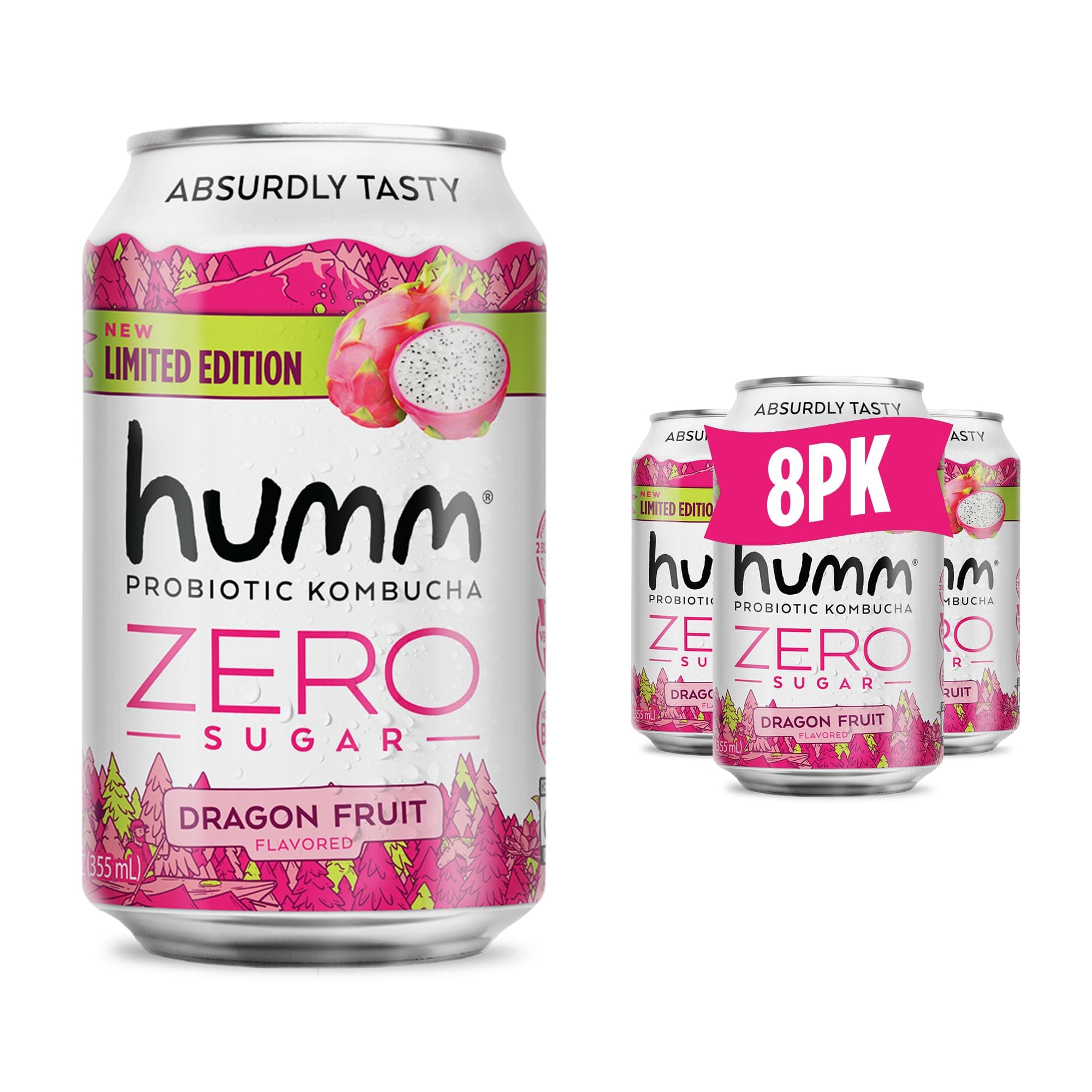 Humm Probiotic Kombucha Zero Sugar Dragon Fruit, No Refrigeration Needed, Keto Friendly, Organic, Vegan, Gluten Free, 12oz Cans (8 Pack)