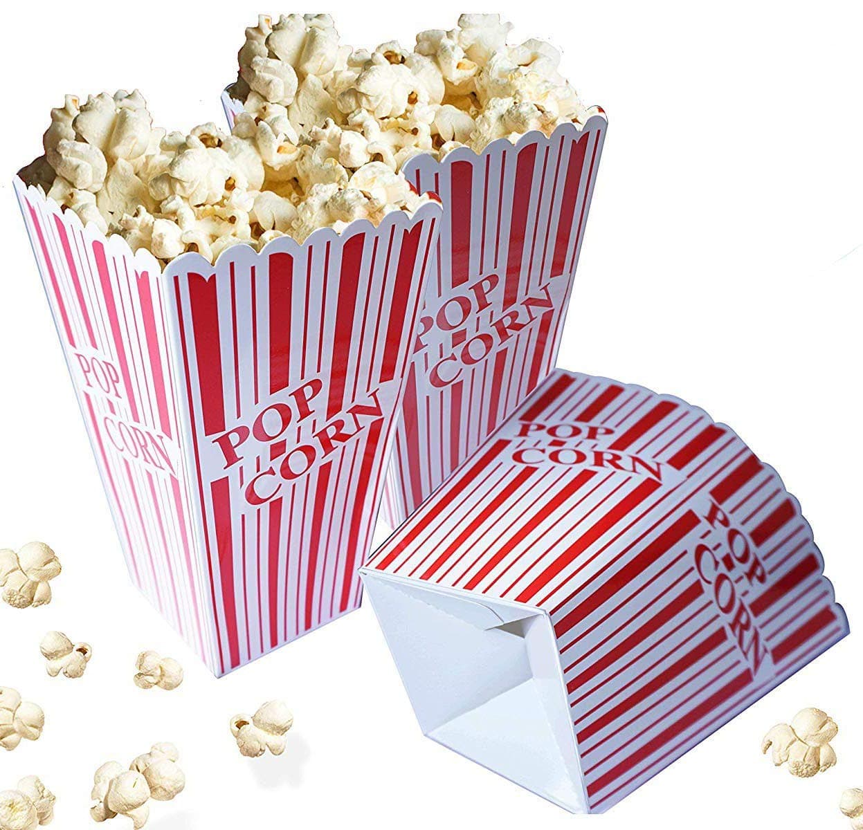 Red and White Popcorn Boxes for Party, Easy Assembling Popcorn Holders from Cestash, Pack of 24, 300 GSM Thick Paper Popcorn Bags for Parties, Picnics, Movie Nights