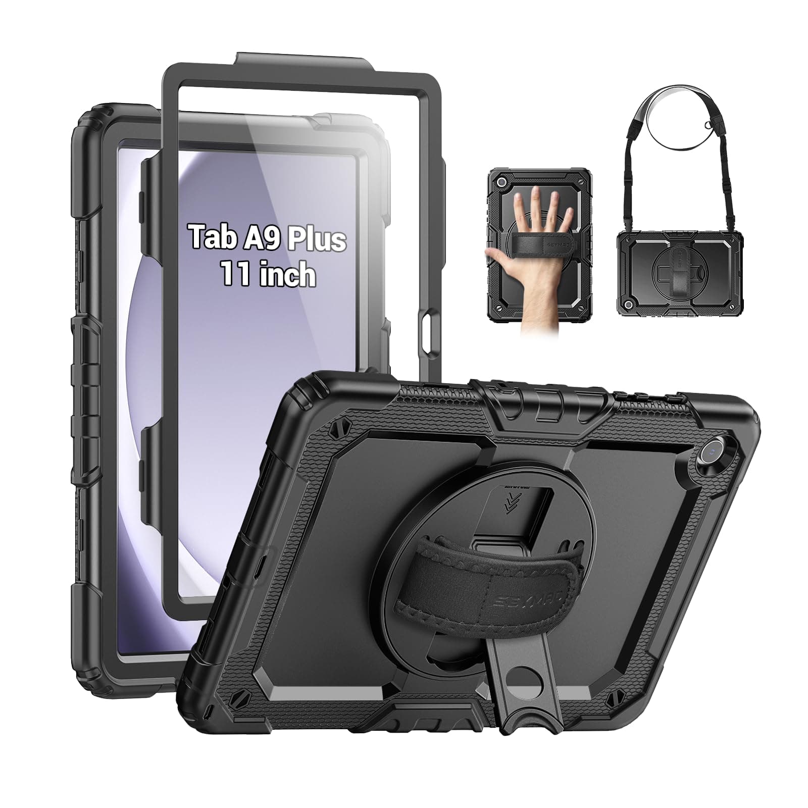 SEYMAC Case for Samsung Galaxy Tab A9+/ A9 Plus Case 11" 2023 (SM-X210/X216/X218), Heavy Duty Shockproof Protective Case with Screen Protector, Rotating Stand and Hand/Shoulder Strap, Black