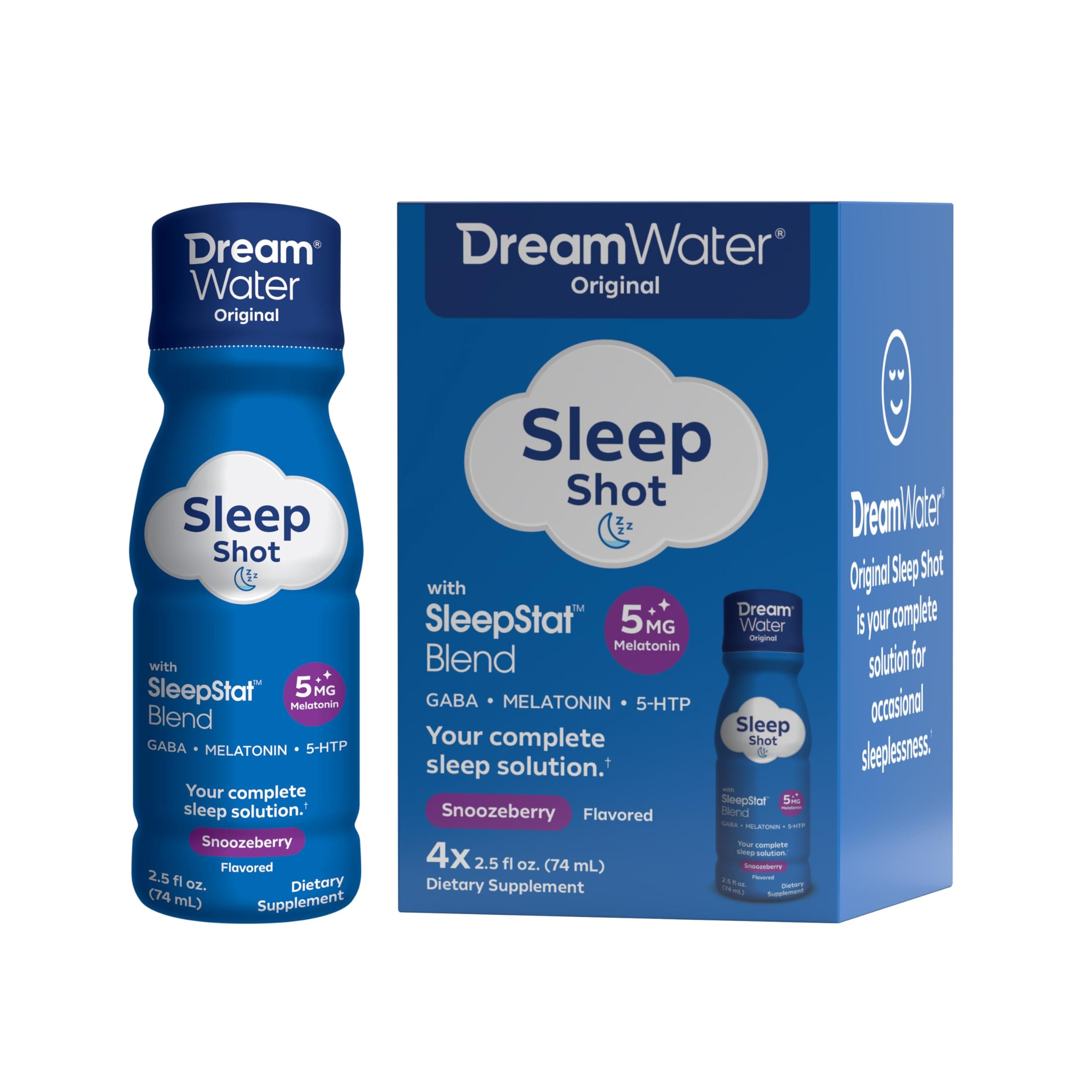 Sleep Aid Supplement Drink; Melatonin 5mg, GABA, 5-HTP; Zero Sugar, Natural Flavors, No Added Colors, 2.5 oz Liquid Sleep Shots, Snoozeberry, 4-Count