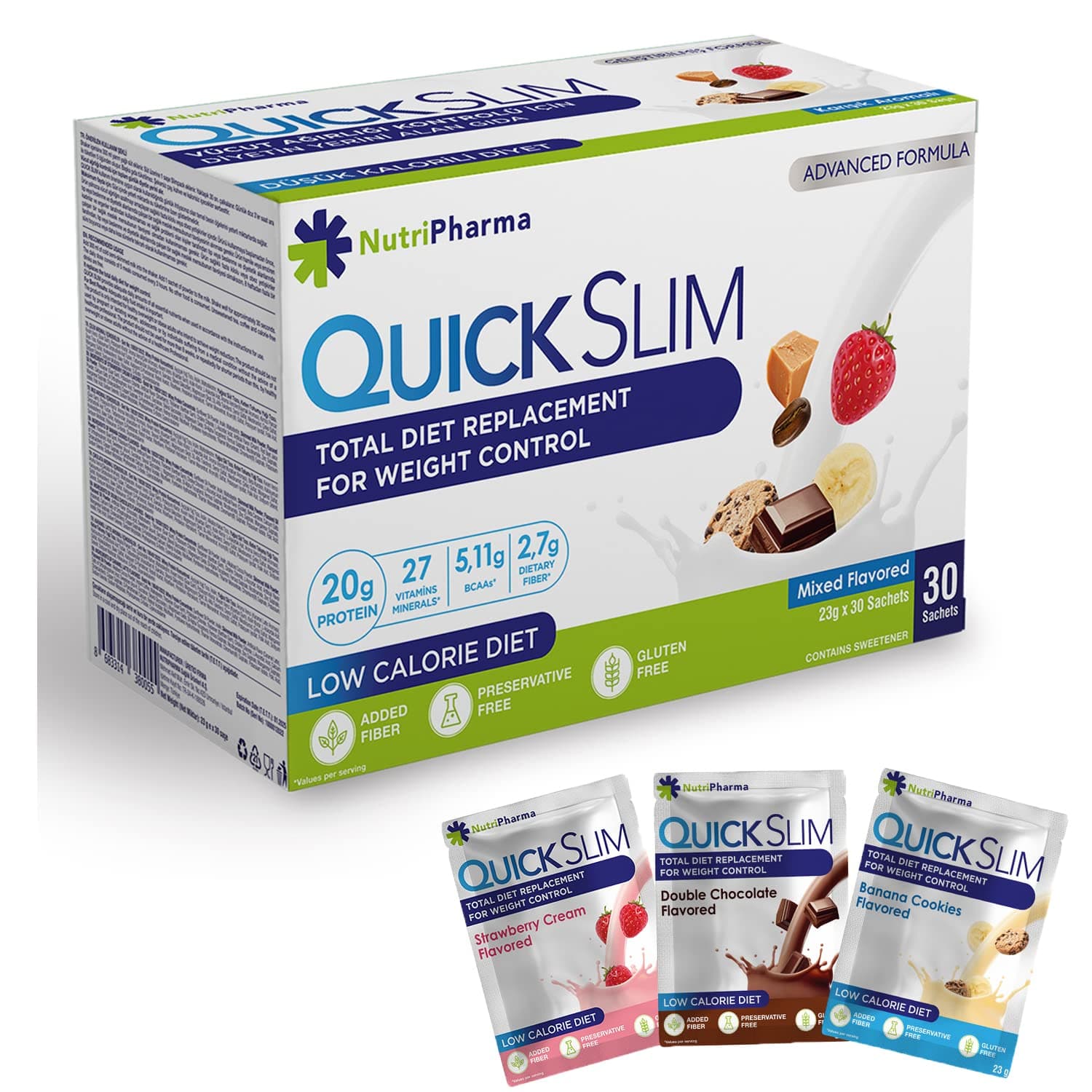 Quick Slim Meal Replacement Shake for Weight Loss, 30 Servings, 20g Protein, 27 Vitamins & Minerals, Dietary Fiber, Low Carb, Gluten Free (Mixed Flavored)