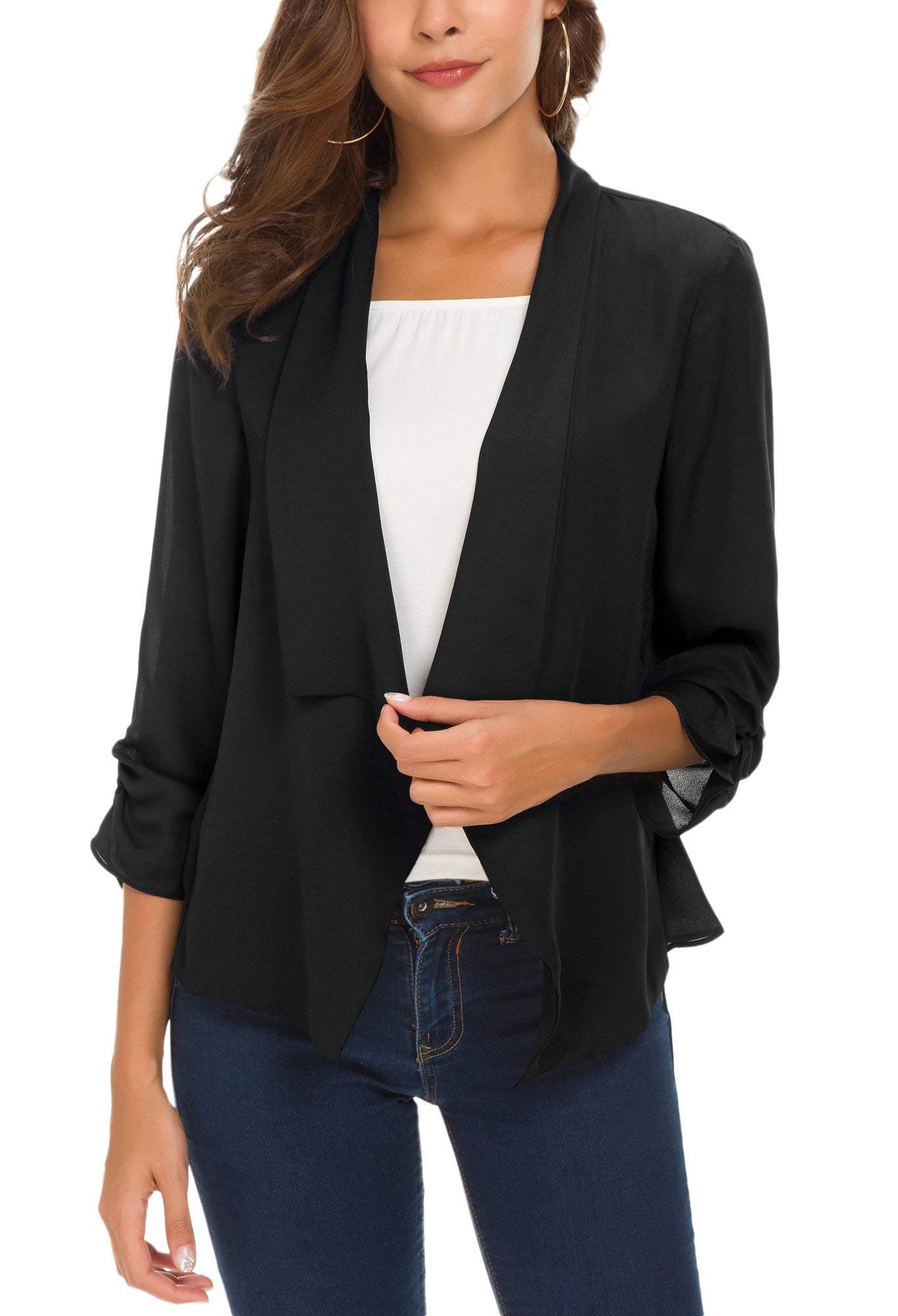 Women's Ruched Sleeve Lightweight Thin Chiffon Blazer