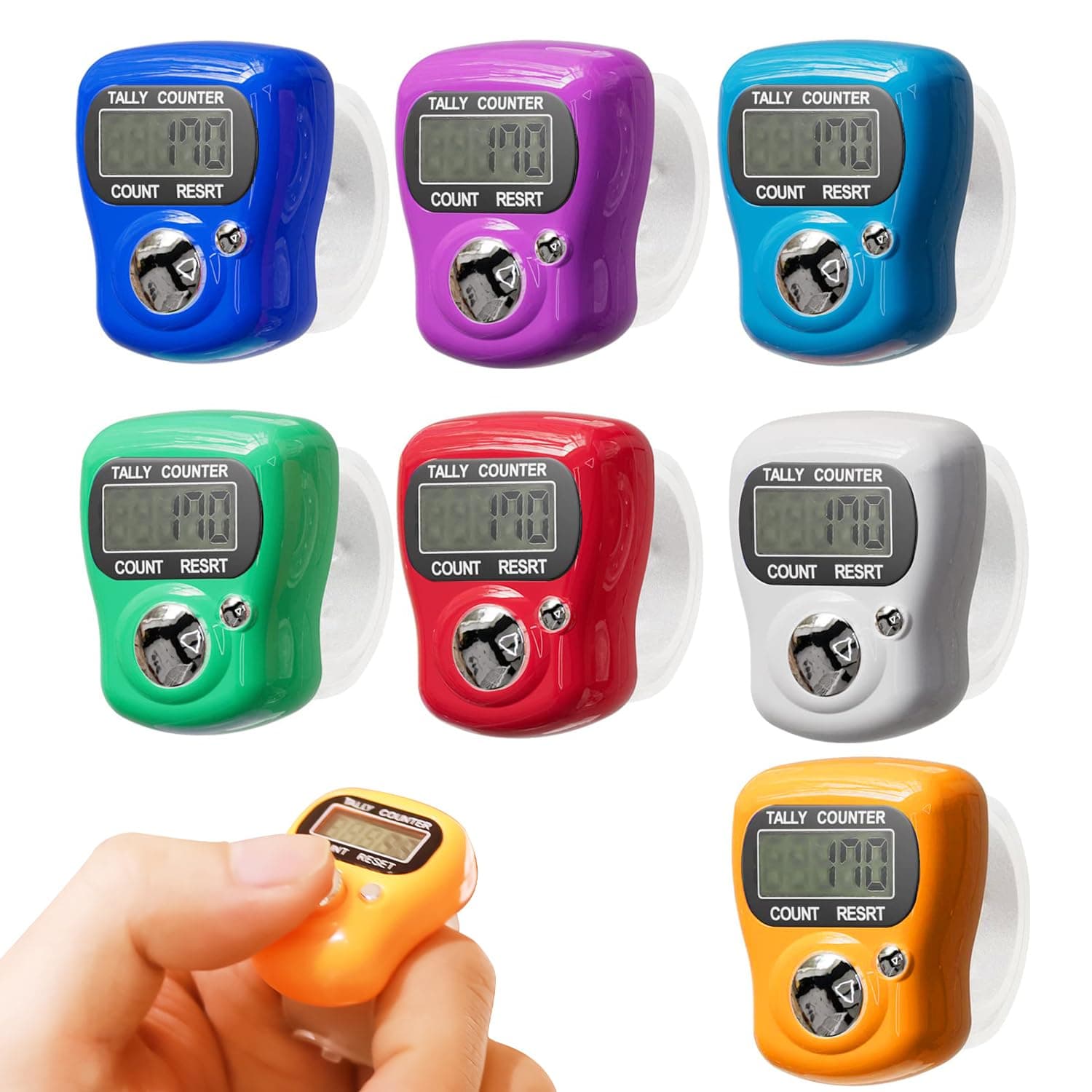 JMOO Electronic Finger Tally Counter 7-pack, Mini LCD Digital Display Tally Counter, Handheld Counter Clicker Pitch Counter for Coaching, Knitting, Lap, Fishing, Golf and Row