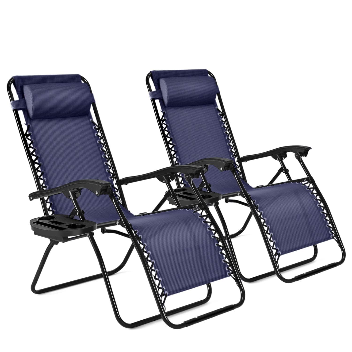 FlexzionZero Gravity Patio Lounge Chairs Recliners Set of 2 Pack (Blue) Reclining Folding Chaise Sun Loungers with Removable Padded Pillow Headrest & Cup Holder Tray, Max Weight 265 Lbs for Outdoor