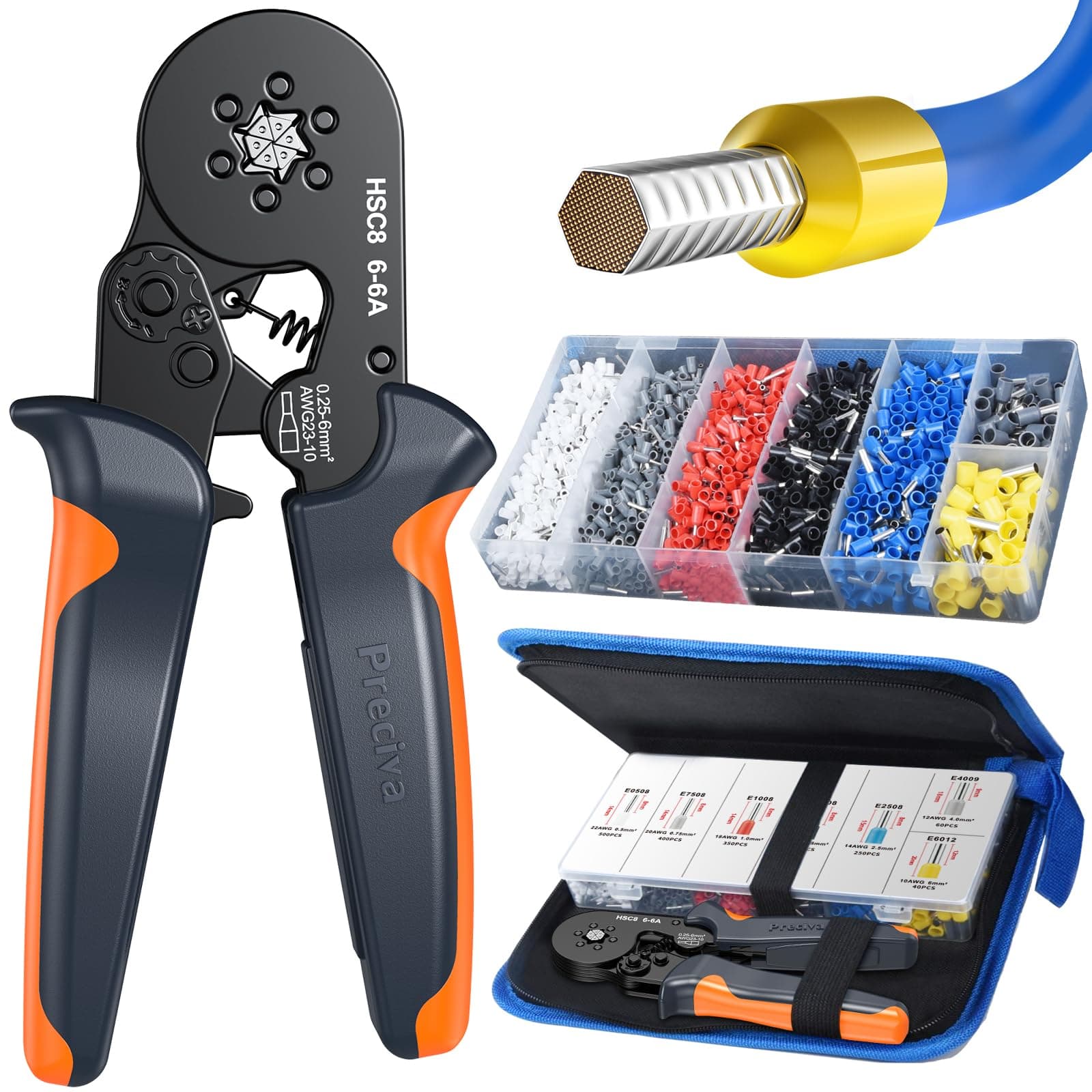 Ferrule Crimping Tool Kit, Hexagonal Sawtooth Self-Adjustable Ratchet Wire Terminals Crimper Kit with 1900pcs Wire Terminals Crimping Connectors Wire End Ferrules