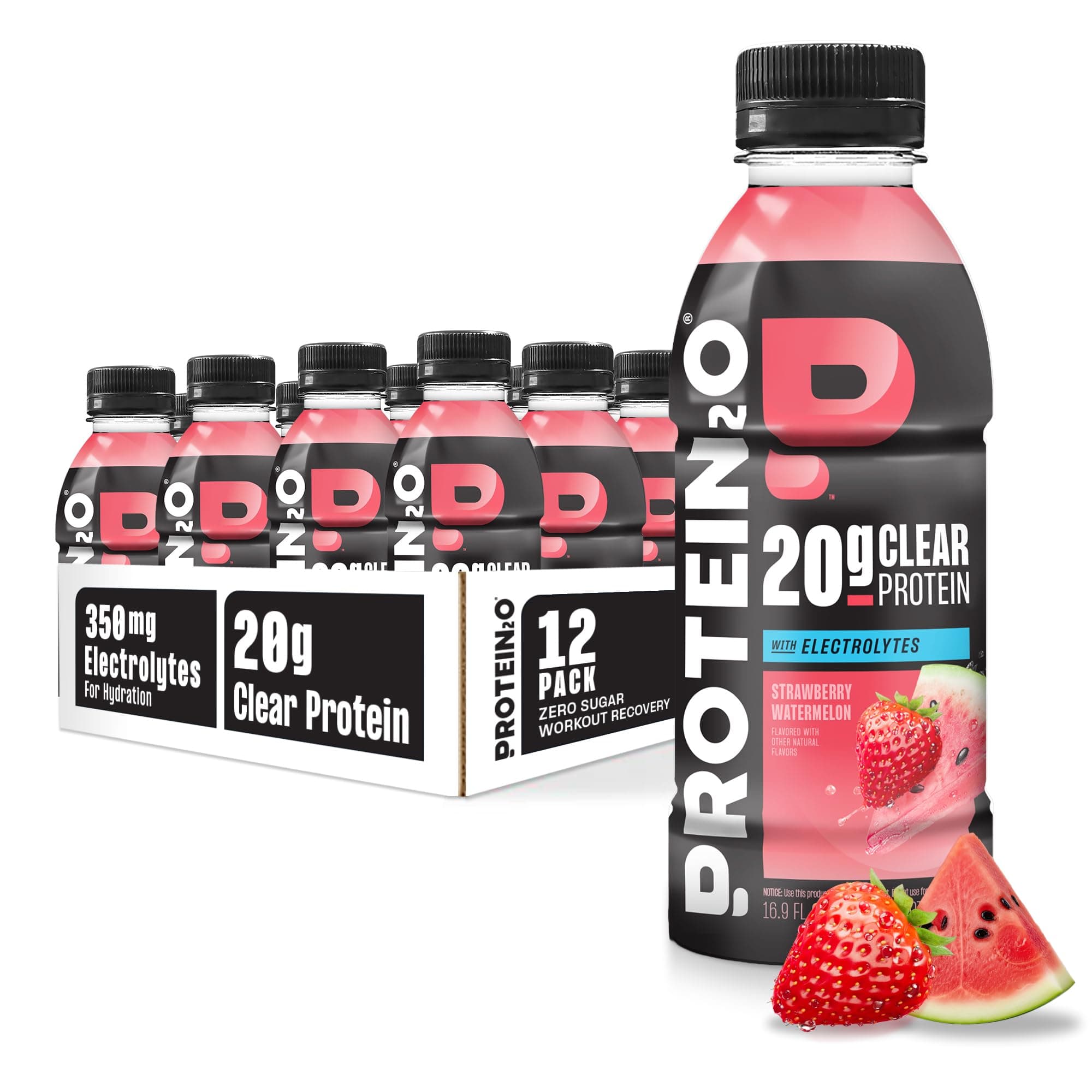 Hydration Drink - 2-in-1 Liquid Clear Whey Protein Isolate and Electrolyte Drink - 20g Protein, Vitamins B5, B6 - Post-Workout Recovery - 16.9 Fl Oz - 12 Count Strawberry Watermelon