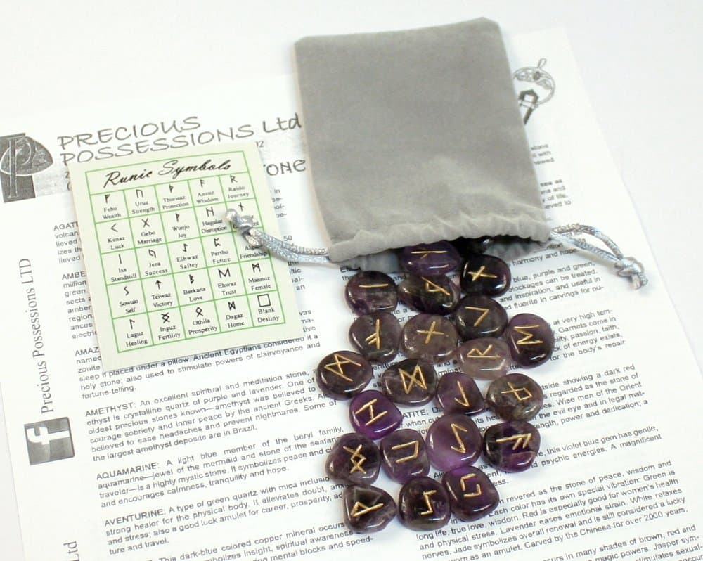 Amethyst Purple Rune Stone Set with Pouch
