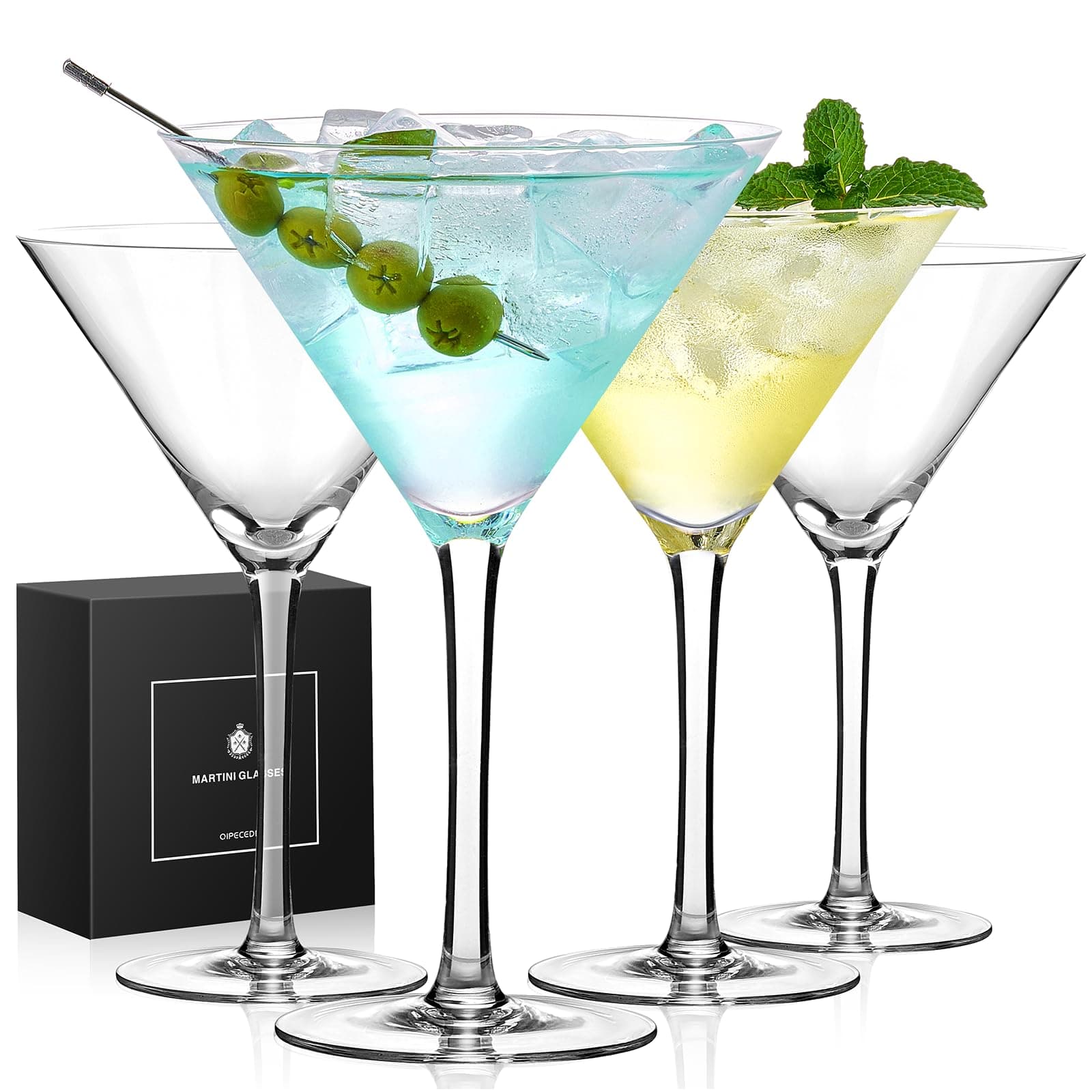 Qipecedm Martini Glasses Set of 4, 9 oz Crystal Cocktail Glasses, Hand Blown Crystal Martini Glasses for Espresso Martini, Cosmopolitan, Gimlet, Home Bar, Party, Martini Glassware Gift Set (Stem)