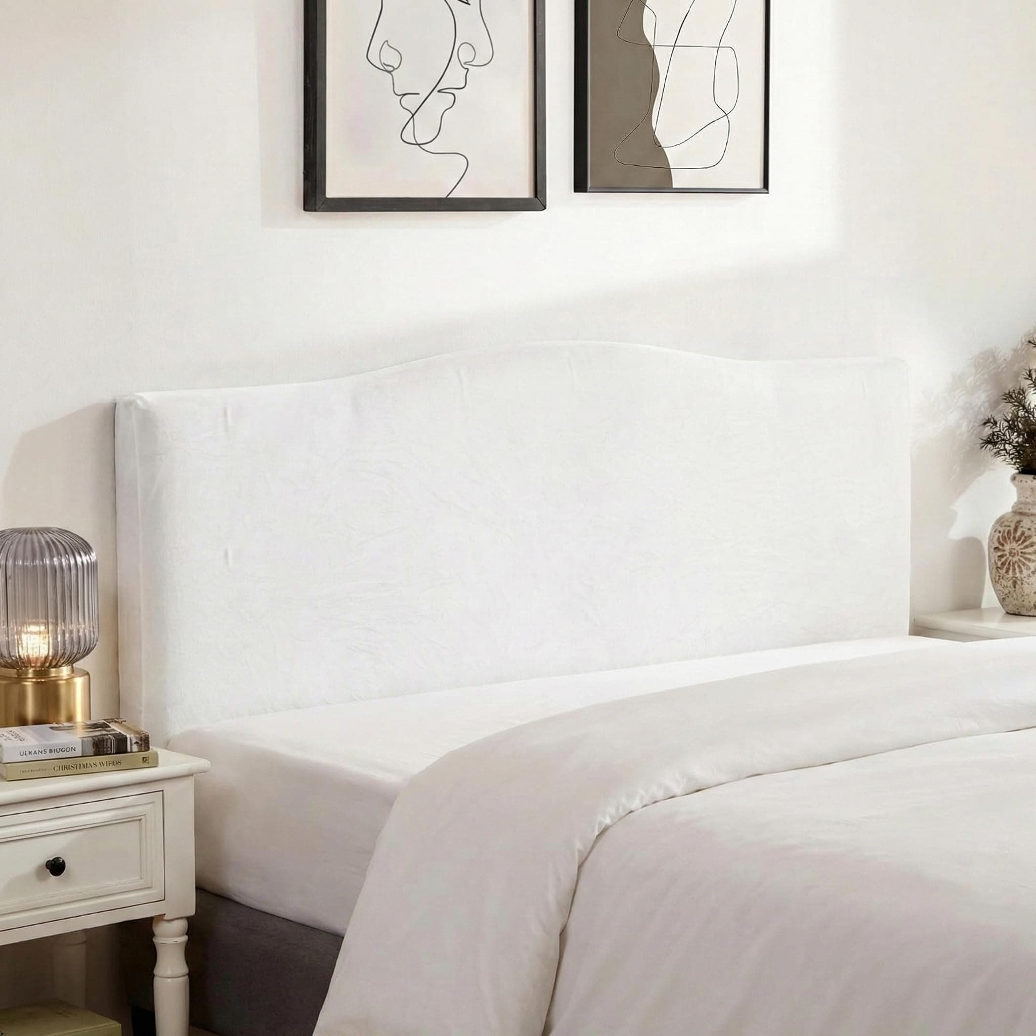 Velvet Bed Headboard Slipcover Protector Stretch Solid Color Dustproof Cover for Bedroom Decor (Off-White, 71" - 90")