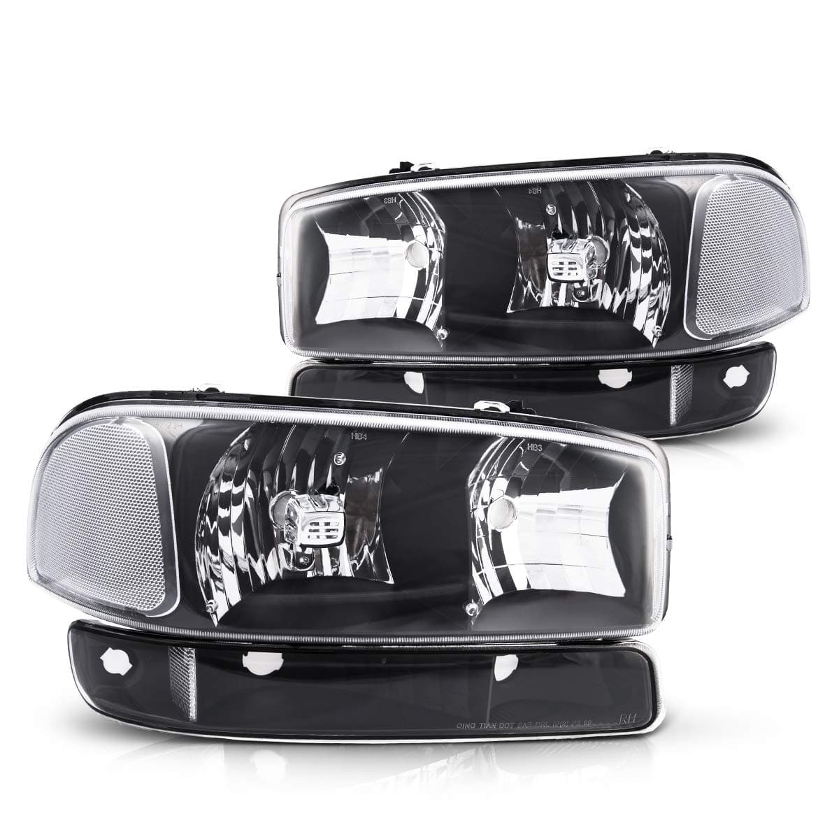 Torchbeam Black Housing Headlight Assembly+Bumper Light Lamp Replacement for 2006(1999-2007) Sierra Yukon 2500 1500 Clear Corner Headlamp Clear Lens with Driver and Passenger Side 4PCS