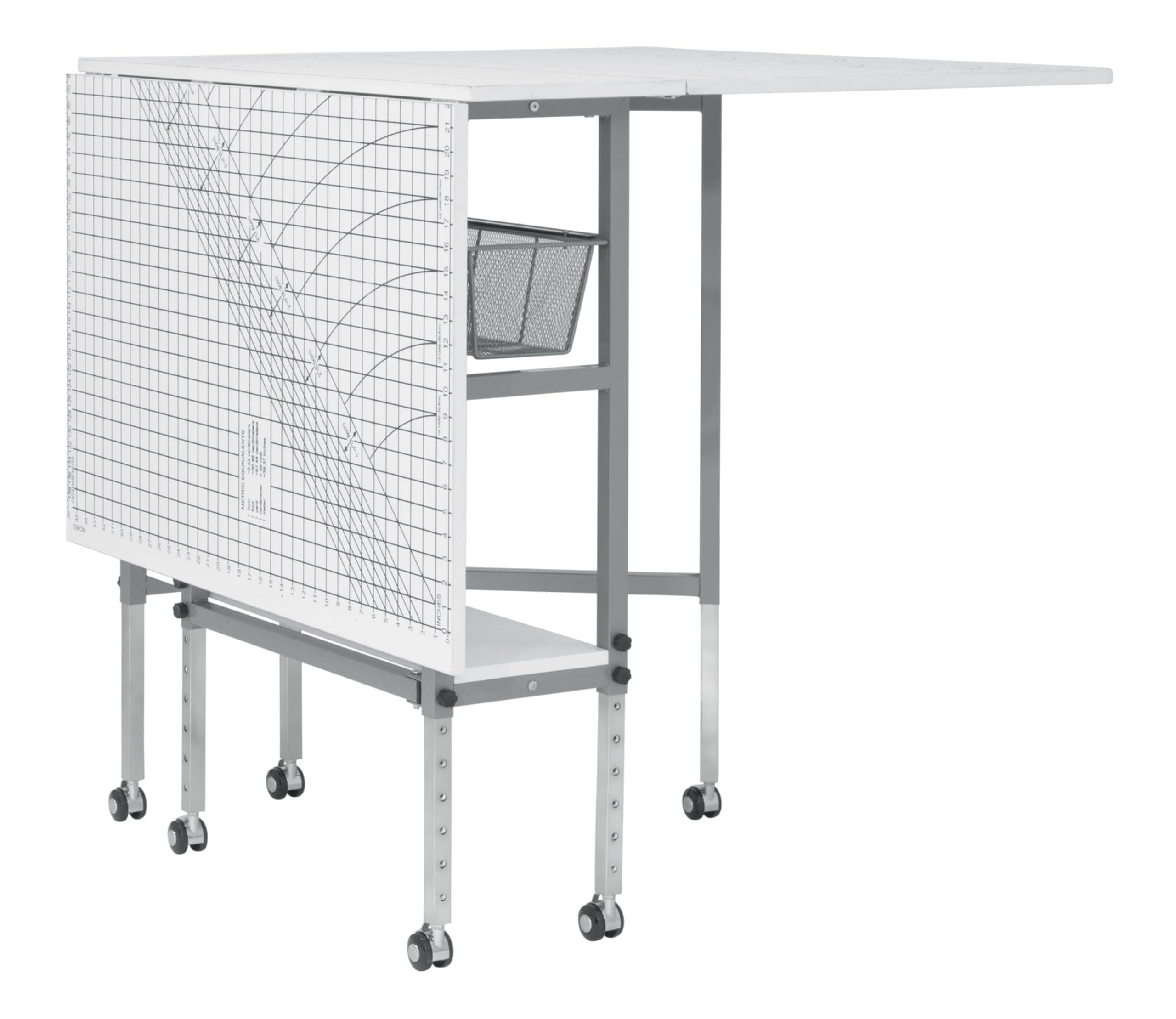 Sew Ready Foldable Hobby and Cutting Grid Table - 58.75" W x 36.5" D White Arts and Crafts Table with Grid Top and Silver Storage Drawers