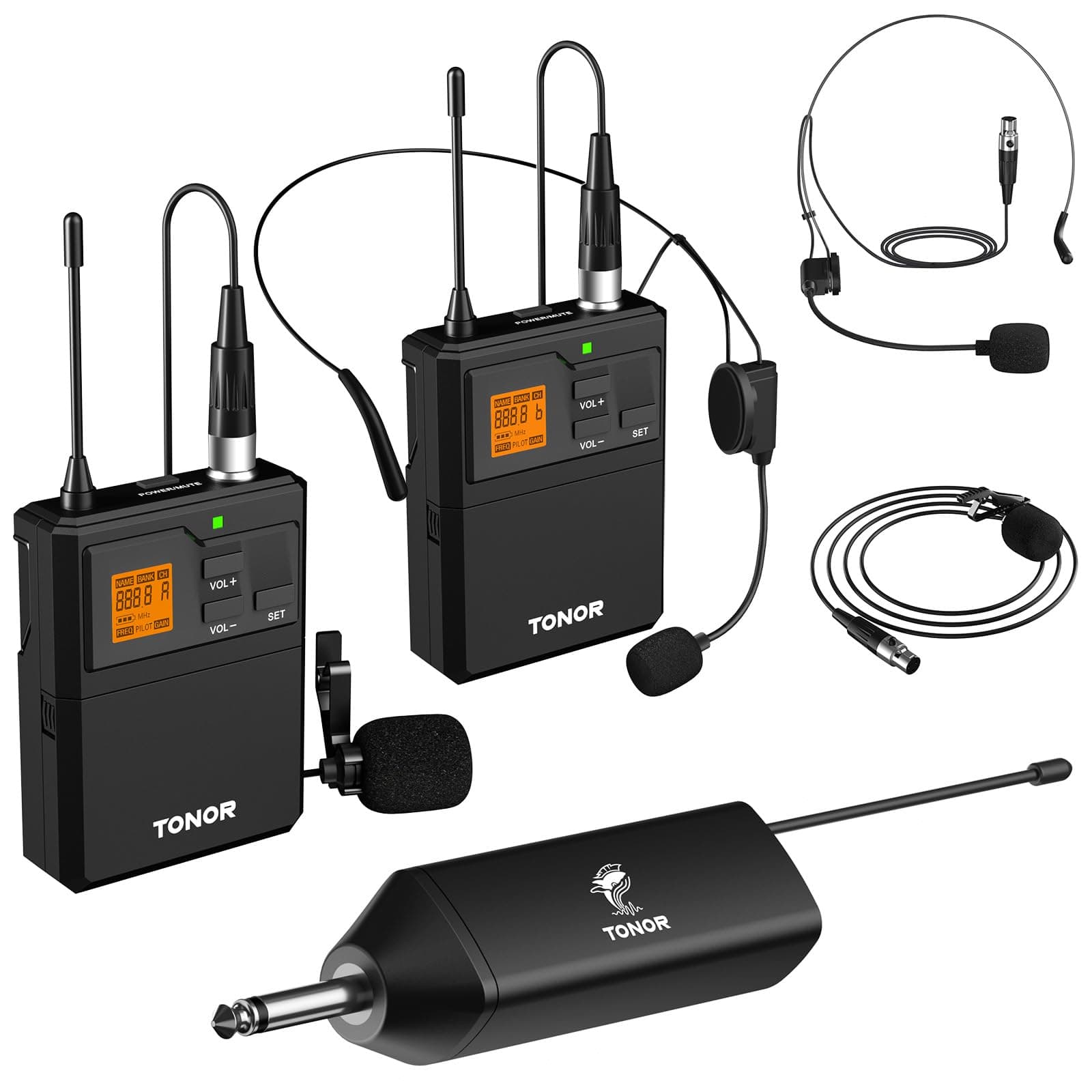 TONOR UHF Wireless Microphone System with Dual Headset Microphones/Lavalier Lapel Mics, Bodypack Transmitters, Mini Rechargeable Receiver, 2x15 Channels 200ft Range, for Recording Speech PA Speaker