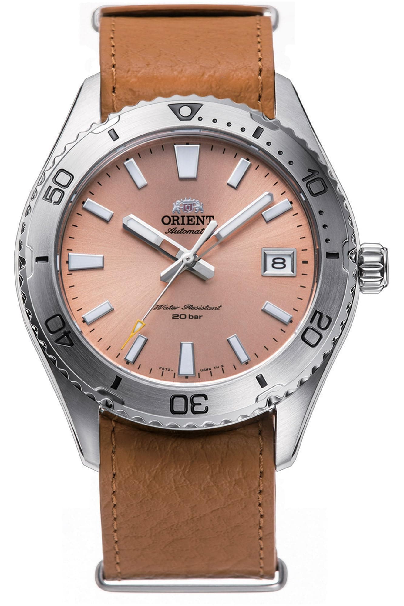 ORIENT Made in Japan Automatic Winding/Reverse Winding 40mm Diver Style Watch with Sapphire Crystal, apricot