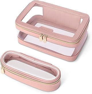 Soimeat Travel Clear Makeup Bag with Makeup Brush Bag, Leather Makeup Case Toiletry Bag, Portable Cosmetic Bag Case, Transparent Waterproof Cosmetic Organizer Storage Bag for Women, Medium, Pink