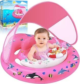 Baby Pool Float with Canopy UPF50+ Sun Protection, Inflatable Kids Pool Floats with Toy Play Console for Baby 6-36 Months, Infant Swimming Float with Adjustable Safety Seat for Boys Girls