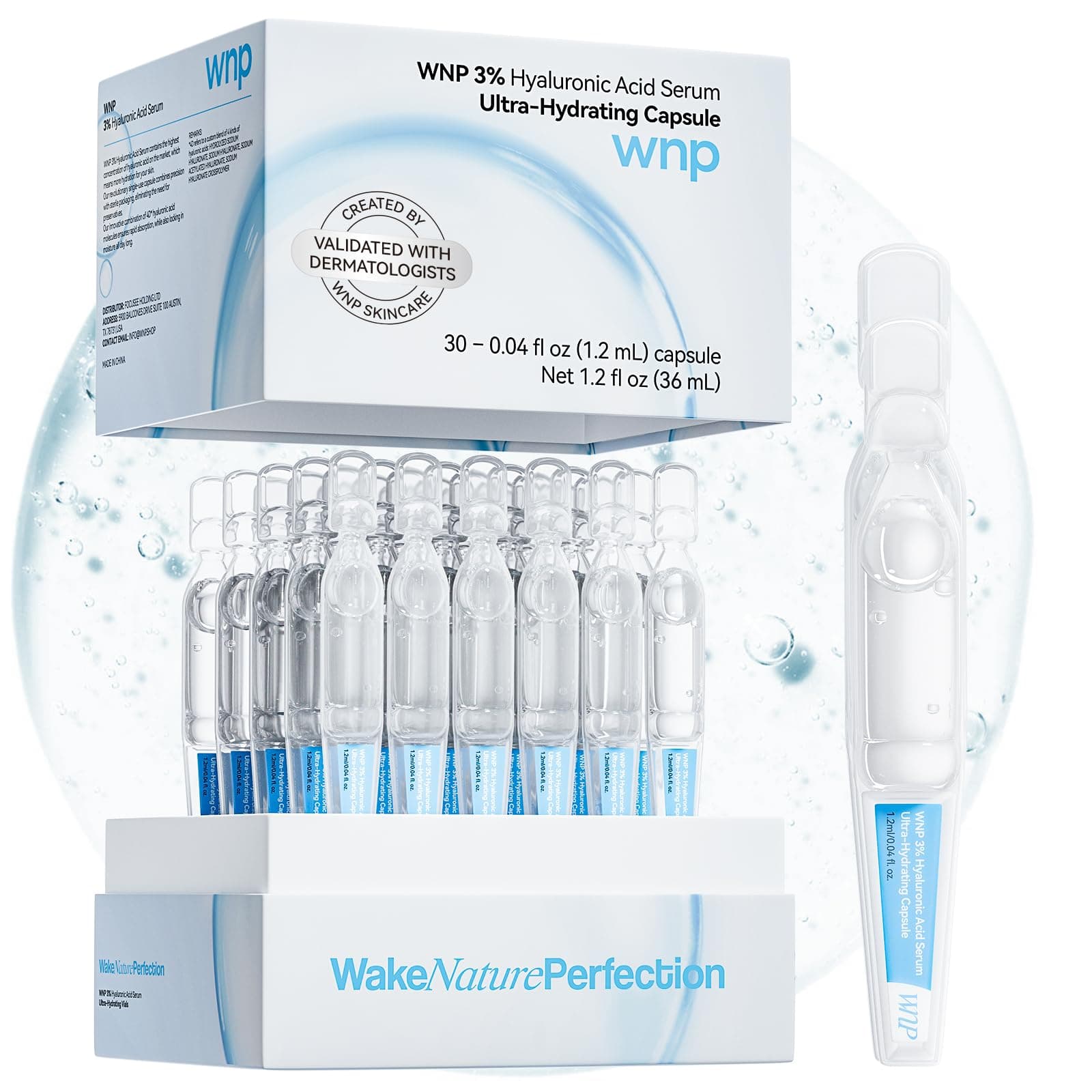 WNP Hyaluronic Acid Serum 3% for Face with 4D Multi-Layer Hydration | Ultra Hydrating Anti-Aging Serum | Moisturizer for Dry & Sensitive Skin | Pre-Makeup Skincare | Single-Use Vials 30PCS