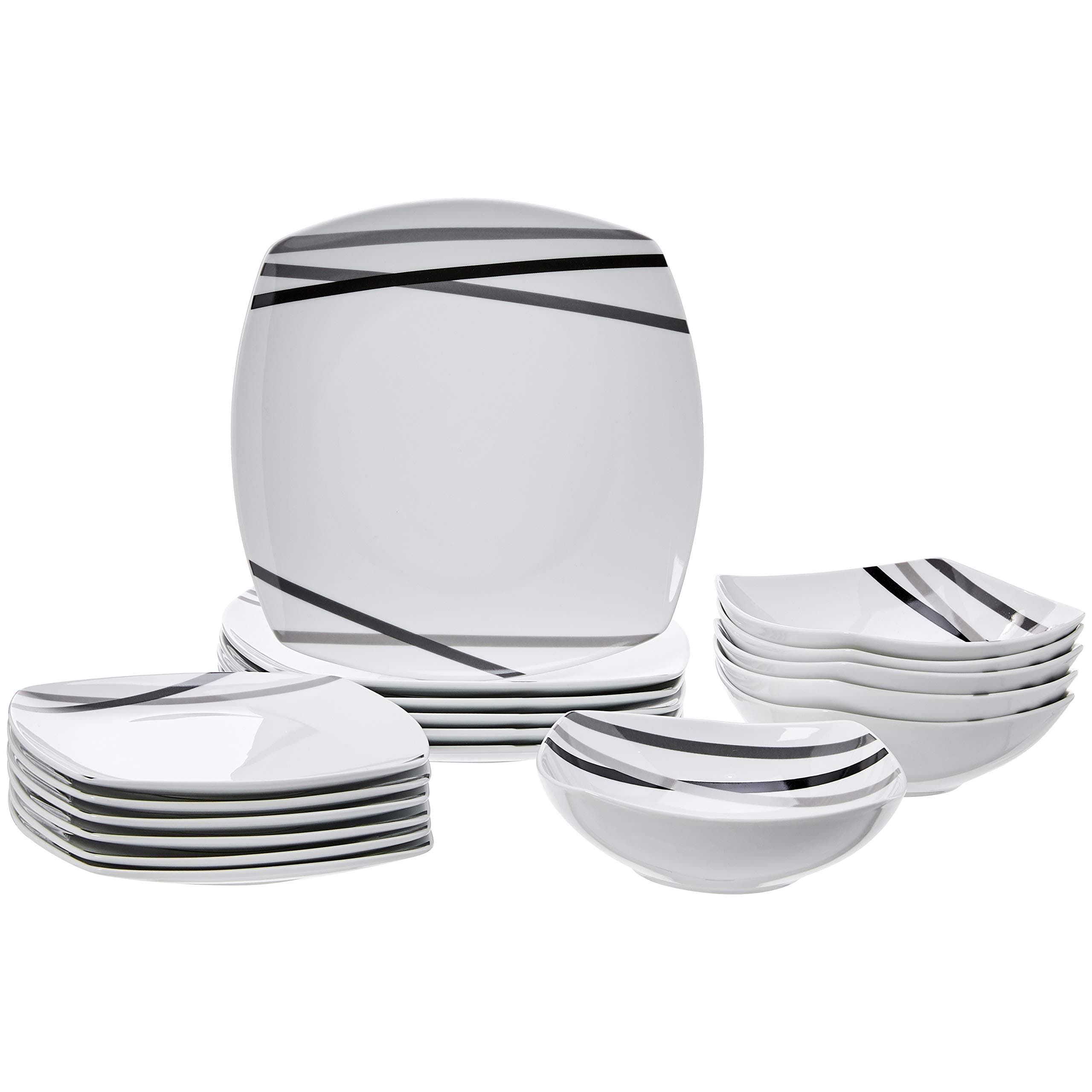 Amazon Basics 18 Piece Kitchen Dinnerware Set, Dishwasher and Microwave Safe, Square Plates, Bowls, Service for 6, Modern Beams