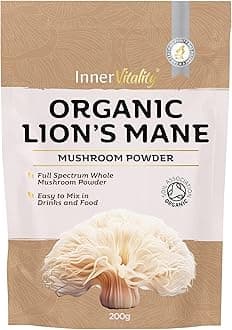 Organic Lions Mane Mushroom Powder 200g - High Strength Full Spectrum Fruiting Body Mushroom Supplement to Support Brain & Mental Performance by Inner Vitality (Large)