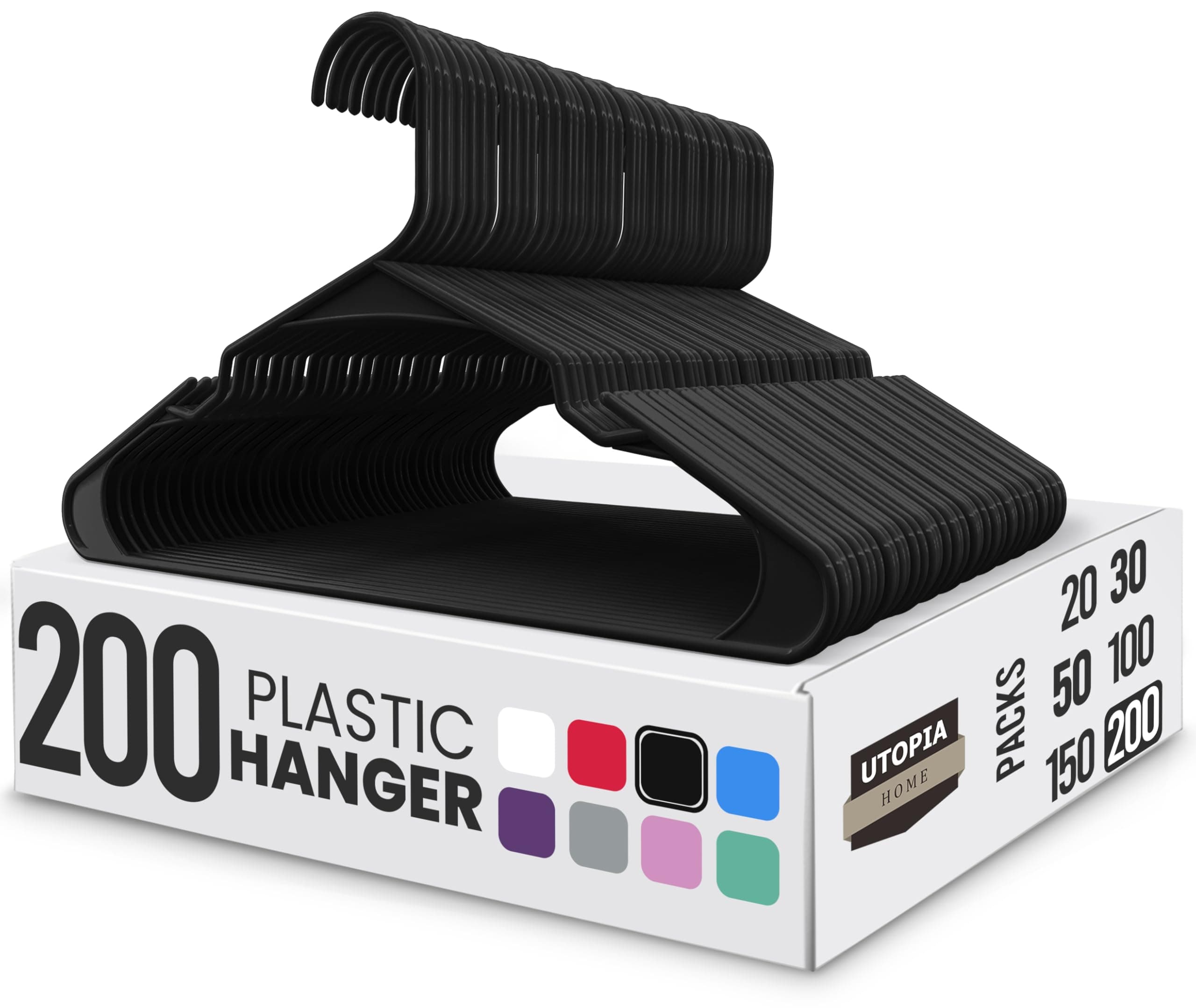 Utopia Home Clothes Hangers 200 Pack - Plastic Hangers Space Saving - Durable Coat Hanger with Shoulder Grooves (Black)
