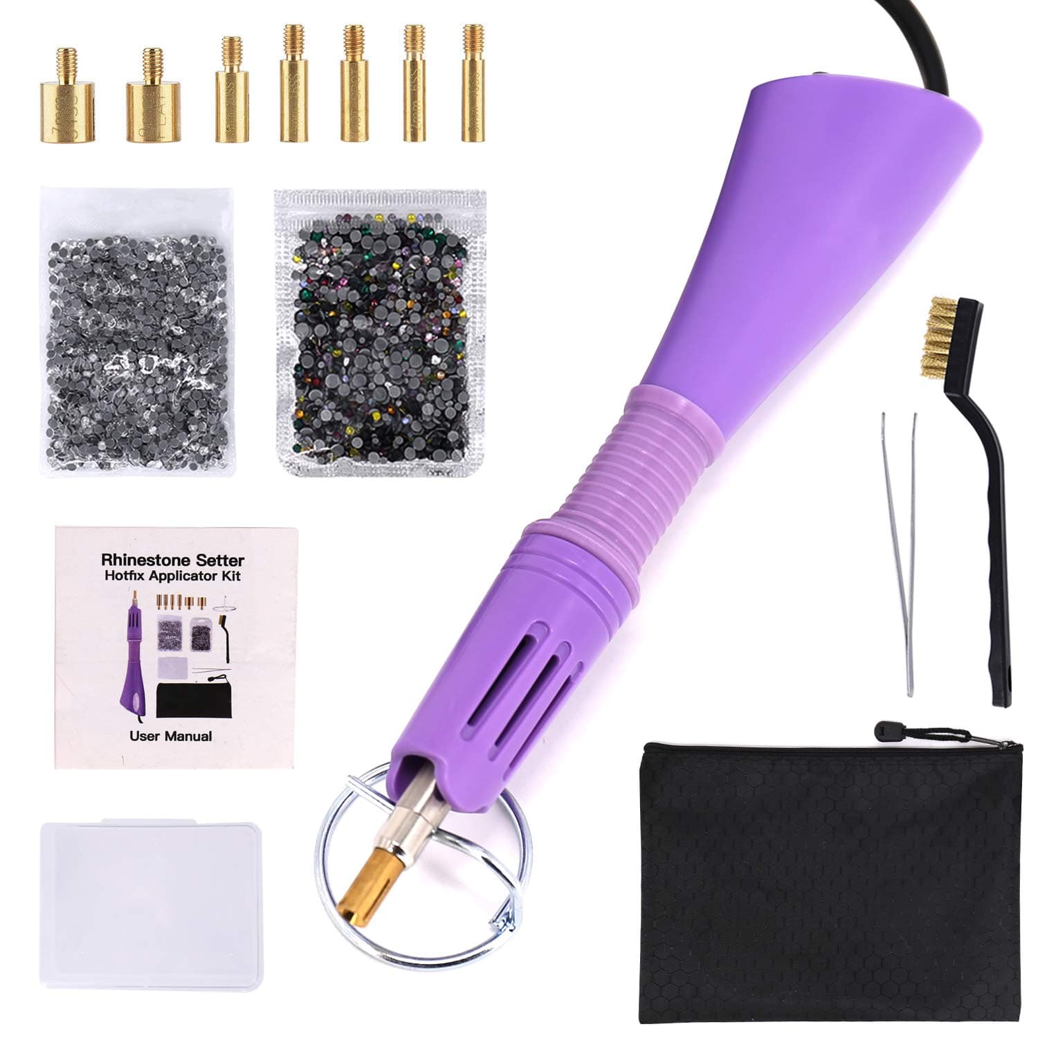 WAMTHUS Hotfix, DIY Applicator Wand Setter Tool 7 Different Sizes Tips, Tweezers & Brush Cleaning kit and 2 Pack Hot-Fix Crystal Rhinestones (1440 Stones/Each), Purple