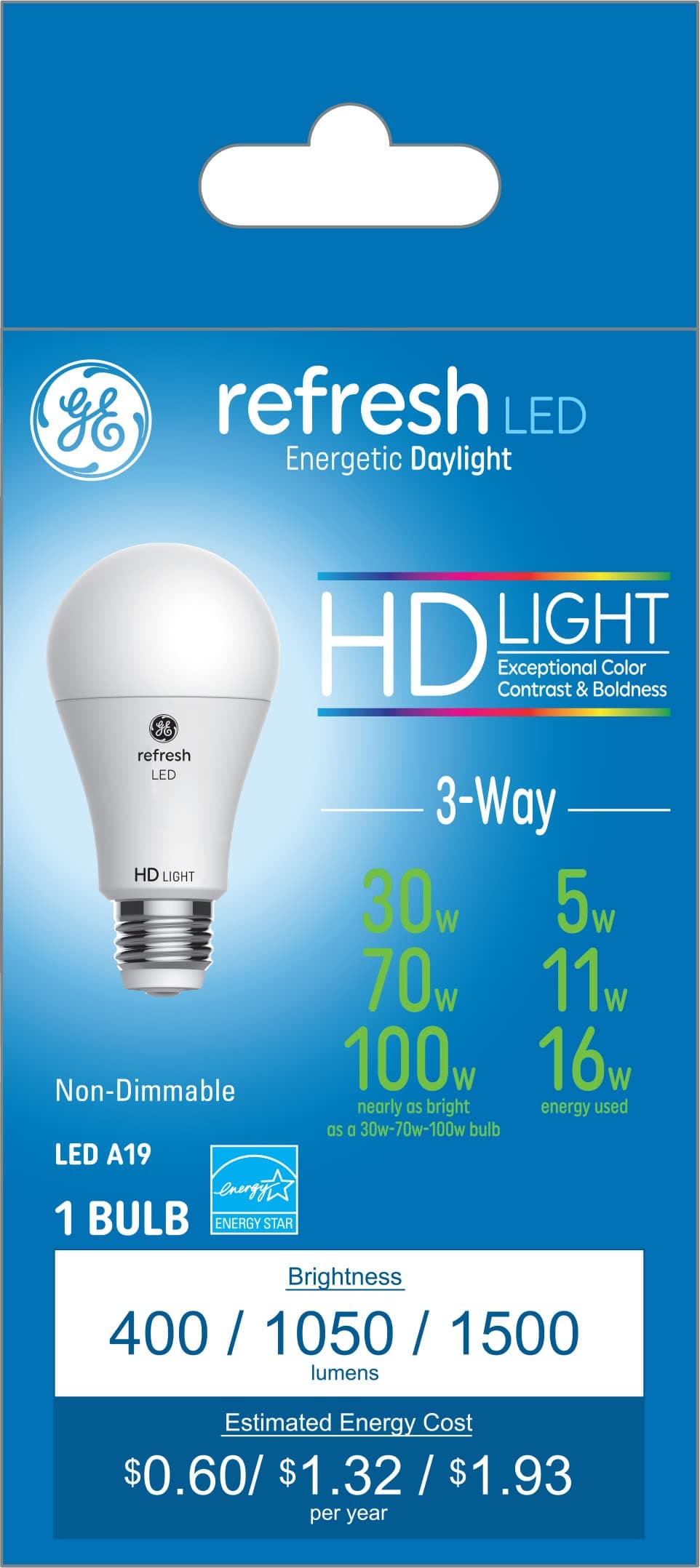 Lighting Refresh LED HD 3-Way Light Bulb, 5, 9, 16 Watt (30, 70, 100 Watt Equivalent) Daylight, Medium Base (1 Pack)